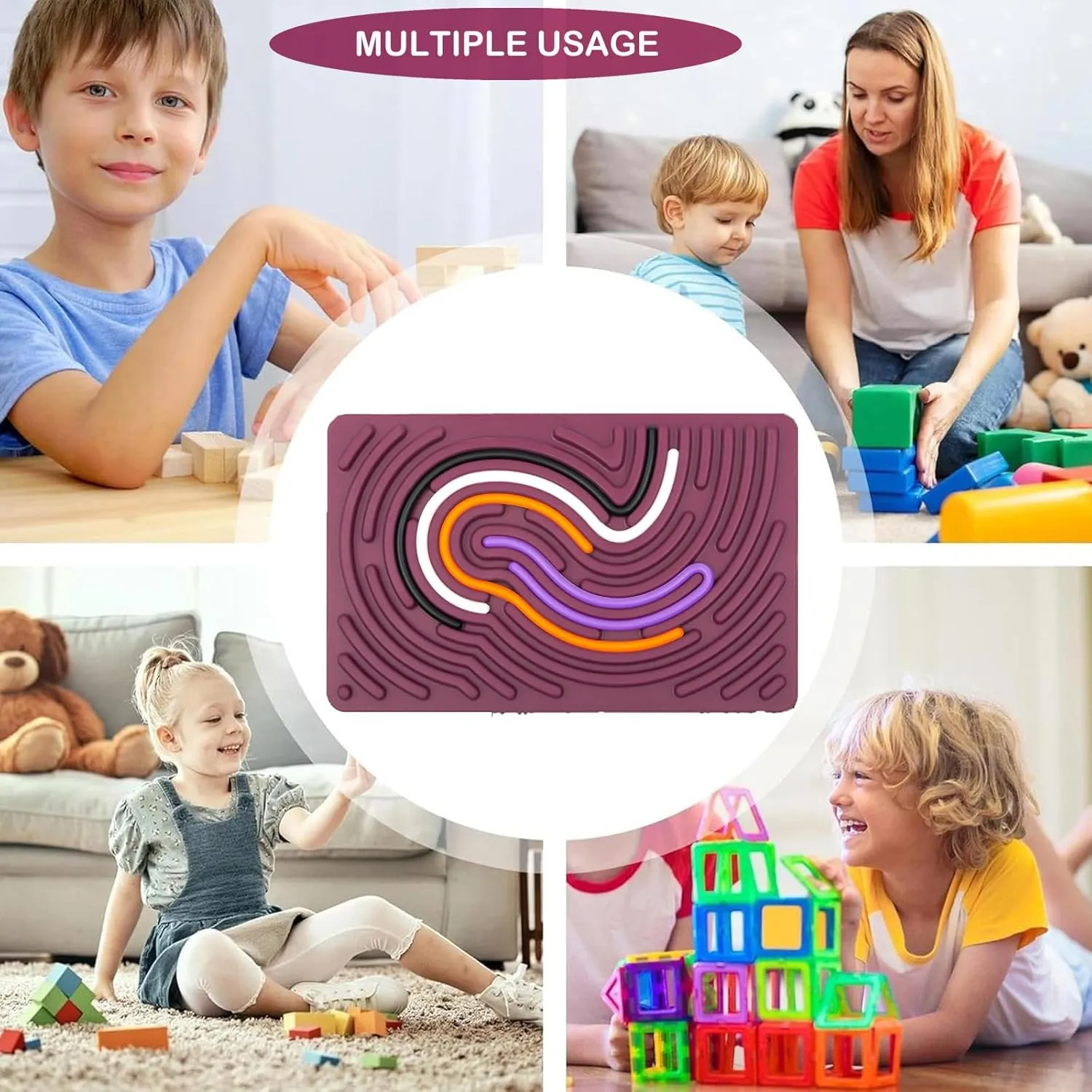 Sensory Activity Board, Double Side Silicone Design,Fidget Toy for ADHD & Autism,Calm Down, Stress, Anxiety, Kids 3  & Adults Activities for Travel,Portable with Travel Bag & 20 Strings,Purple