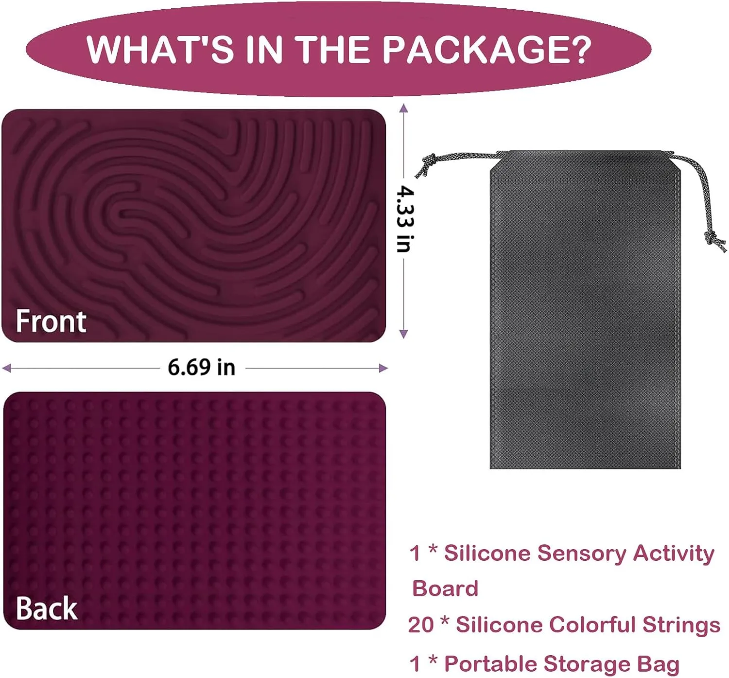 Sensory Activity Board, Double Side Silicone Design,Fidget Toy for ADHD & Autism,Calm Down, Stress, Anxiety, Kids 3  & Adults Activities for Travel,Portable with Travel Bag & 20 Strings,Purple