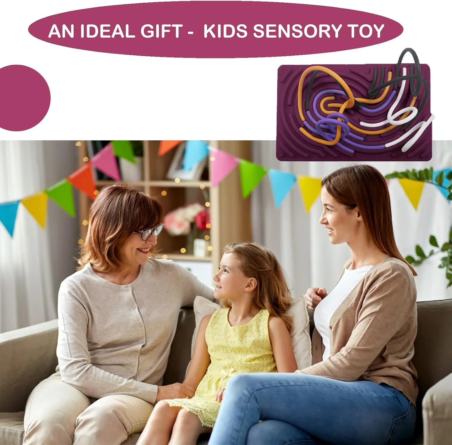 Sensory Activity Board, Double Side Silicone Design,Fidget Toy for ADHD & Autism,Calm Down, Stress, Anxiety, Kids 3  & Adults Activities for Travel,Portable with Travel Bag & 20 Strings,Purple