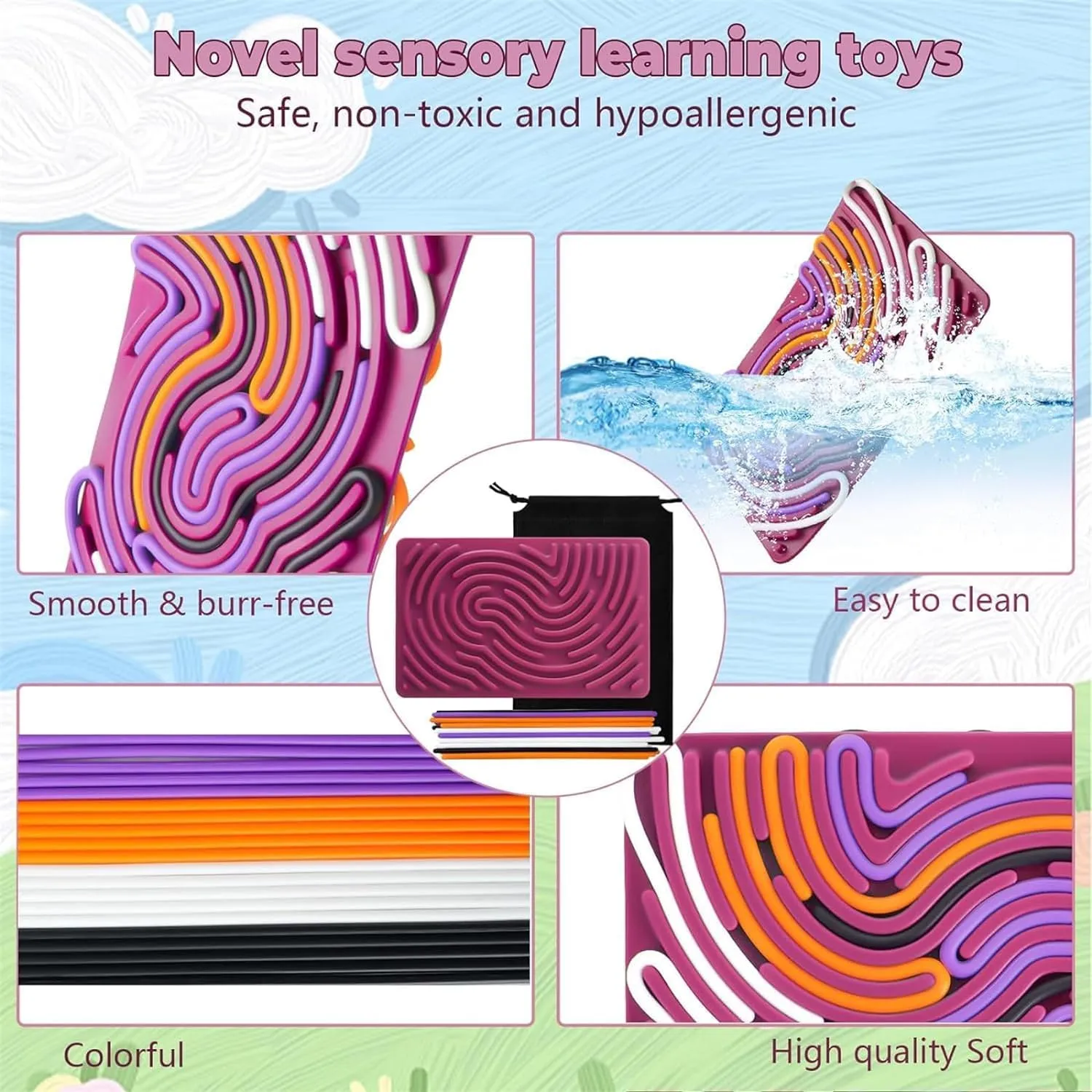 Sensory Activity Board, Double Side Silicone Design,Fidget Toy for ADHD & Autism,Calm Down, Stress, Anxiety, Kids 3  & Adults Activities for Travel,Portable with Travel Bag & 20 Strings,Purple
