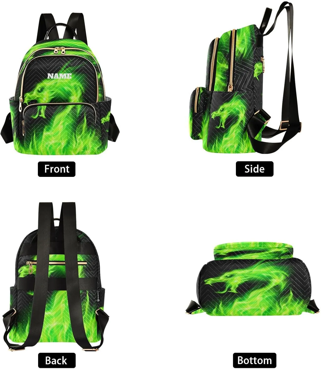 senya Custom Name Fashion Backpack Mini Backpack Purse Casual Daily Backpack Green Flame Dragon for Travel for College Work, Medium