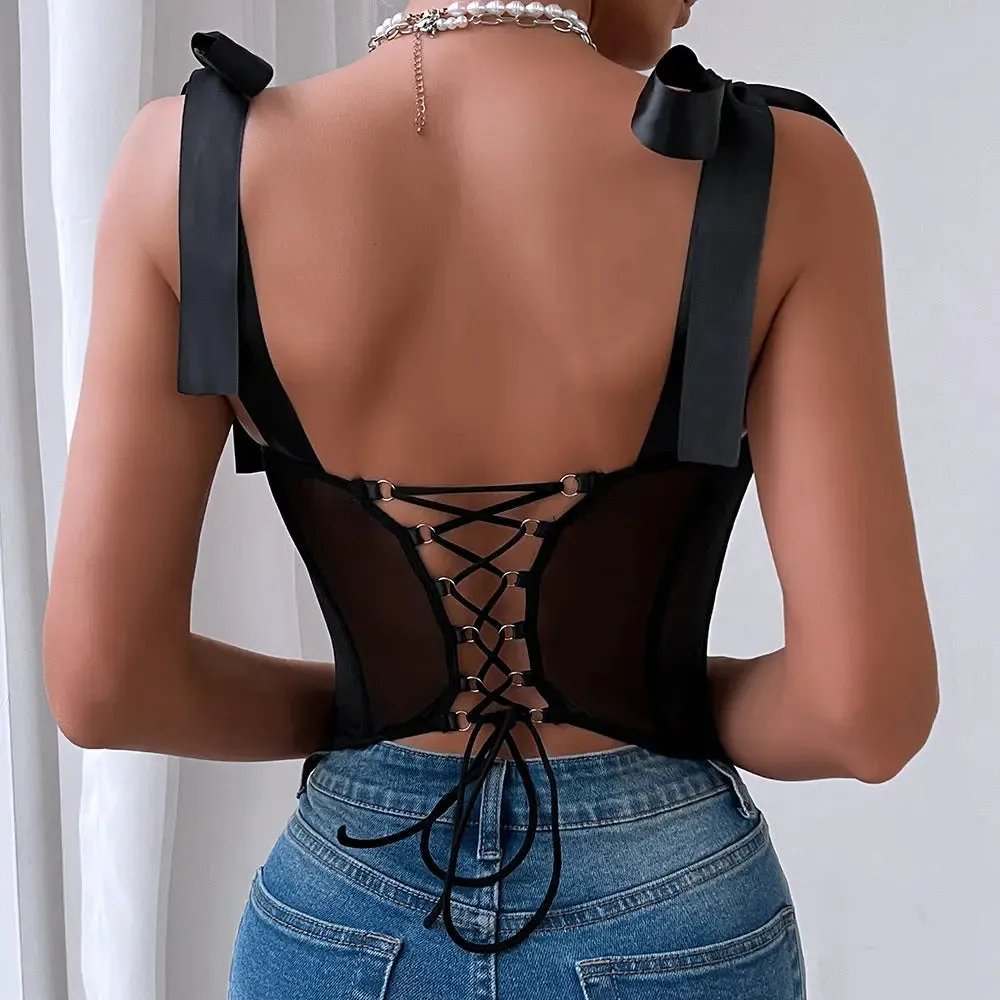Sequined Bow Knot Sleeve Mesh Top