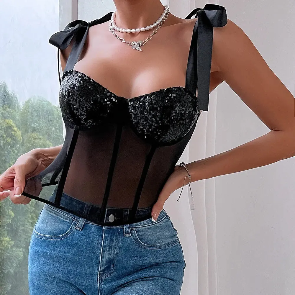 Sequined Bow Knot Sleeve Mesh Top