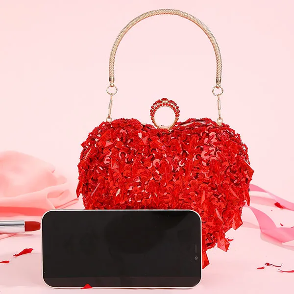 Sequined Sweet Beaded Decor Heart Shape Bag