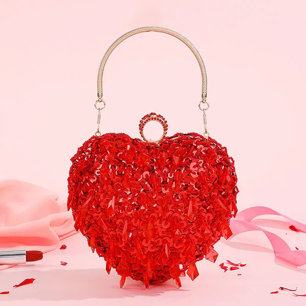 Sequined Sweet Beaded Decor Heart Shape Bag
