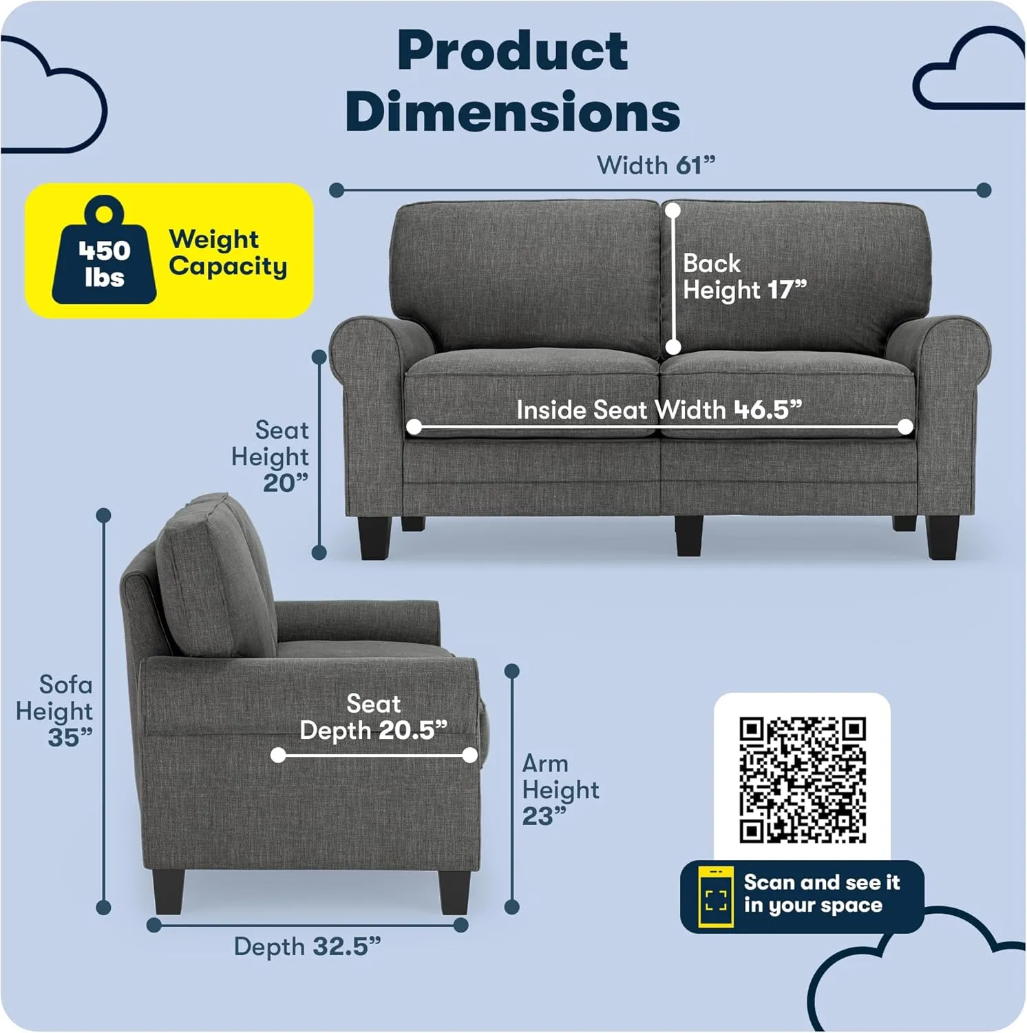 Serta Copenhagen 61" Rolled Arm Sofa, Easy Care Polyester, Soft Pillow Back, Pocket Coil Seat Cushions, Removable Covers, Loveseat or Couch for Small Spaces, Living Rooms or Bedrooms, Gray
