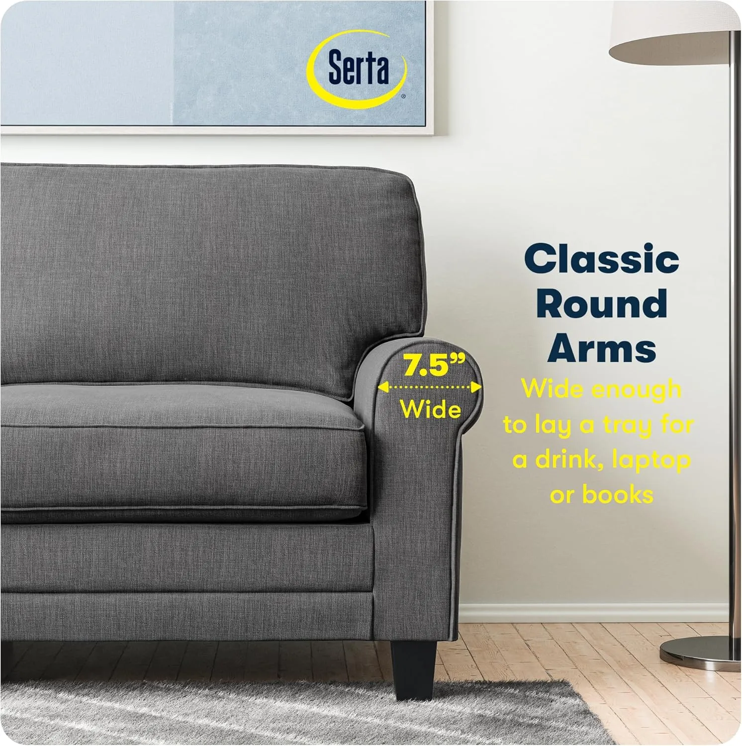 Serta Copenhagen 61" Rolled Arm Sofa, Easy Care Polyester, Soft Pillow Back, Pocket Coil Seat Cushions, Removable Covers, Loveseat or Couch for Small Spaces, Living Rooms or Bedrooms, Gray
