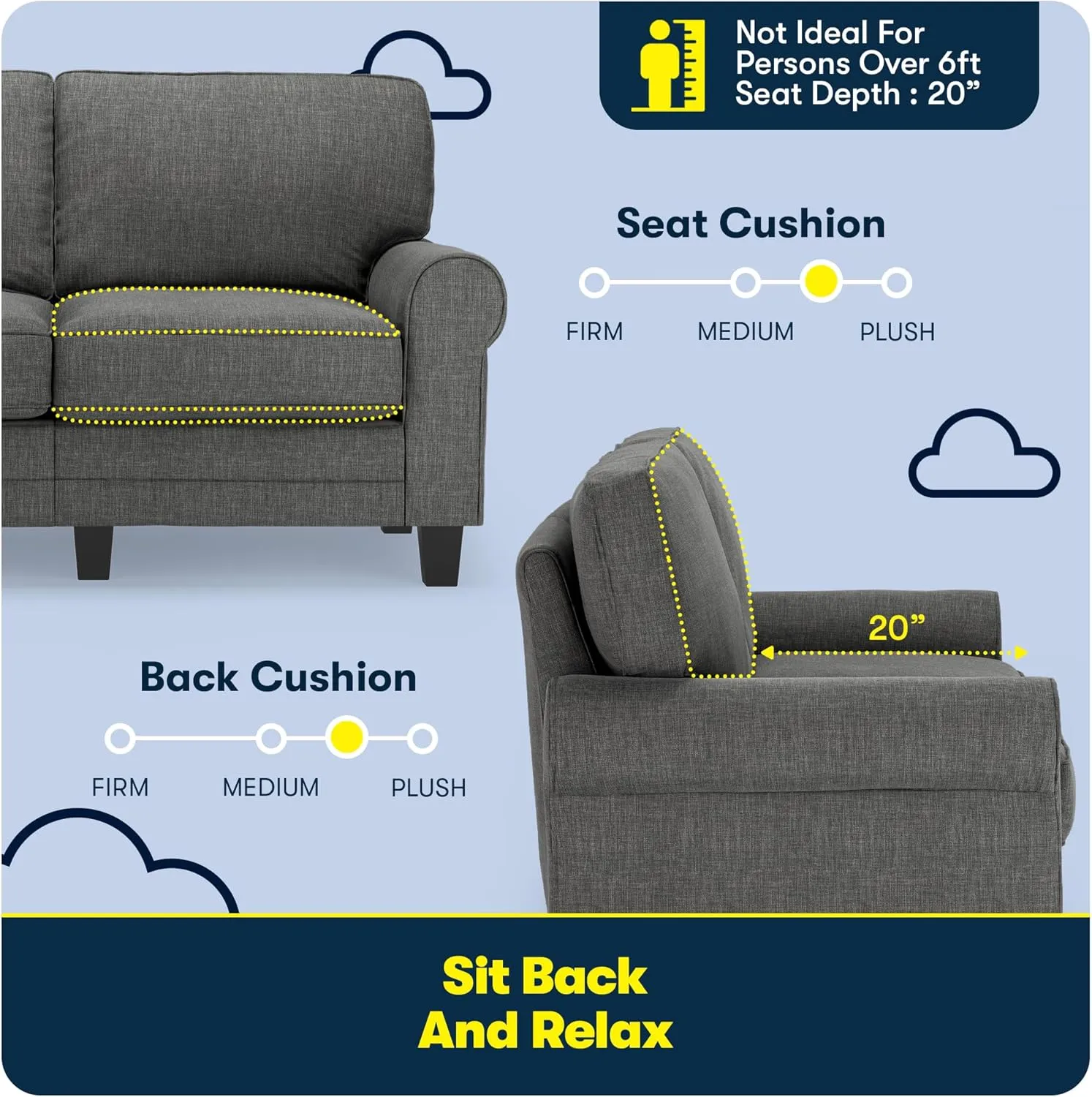 Serta Copenhagen 61" Rolled Arm Sofa, Easy Care Polyester, Soft Pillow Back, Pocket Coil Seat Cushions, Removable Covers, Loveseat or Couch for Small Spaces, Living Rooms or Bedrooms, Gray