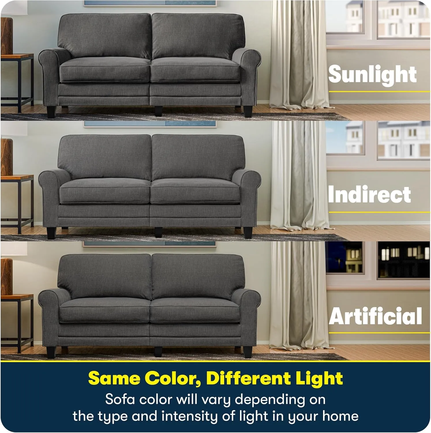 Serta Copenhagen 61" Rolled Arm Sofa, Easy Care Polyester, Soft Pillow Back, Pocket Coil Seat Cushions, Removable Covers, Loveseat or Couch for Small Spaces, Living Rooms or Bedrooms, Gray