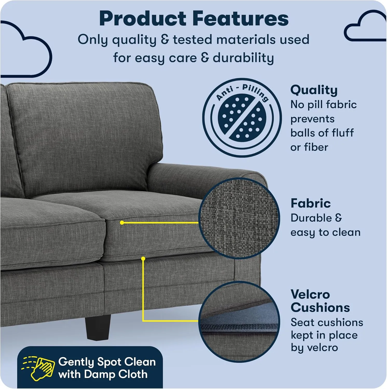 Serta Copenhagen 61" Rolled Arm Sofa, Easy Care Polyester, Soft Pillow Back, Pocket Coil Seat Cushions, Removable Covers, Loveseat or Couch for Small Spaces, Living Rooms or Bedrooms, Gray