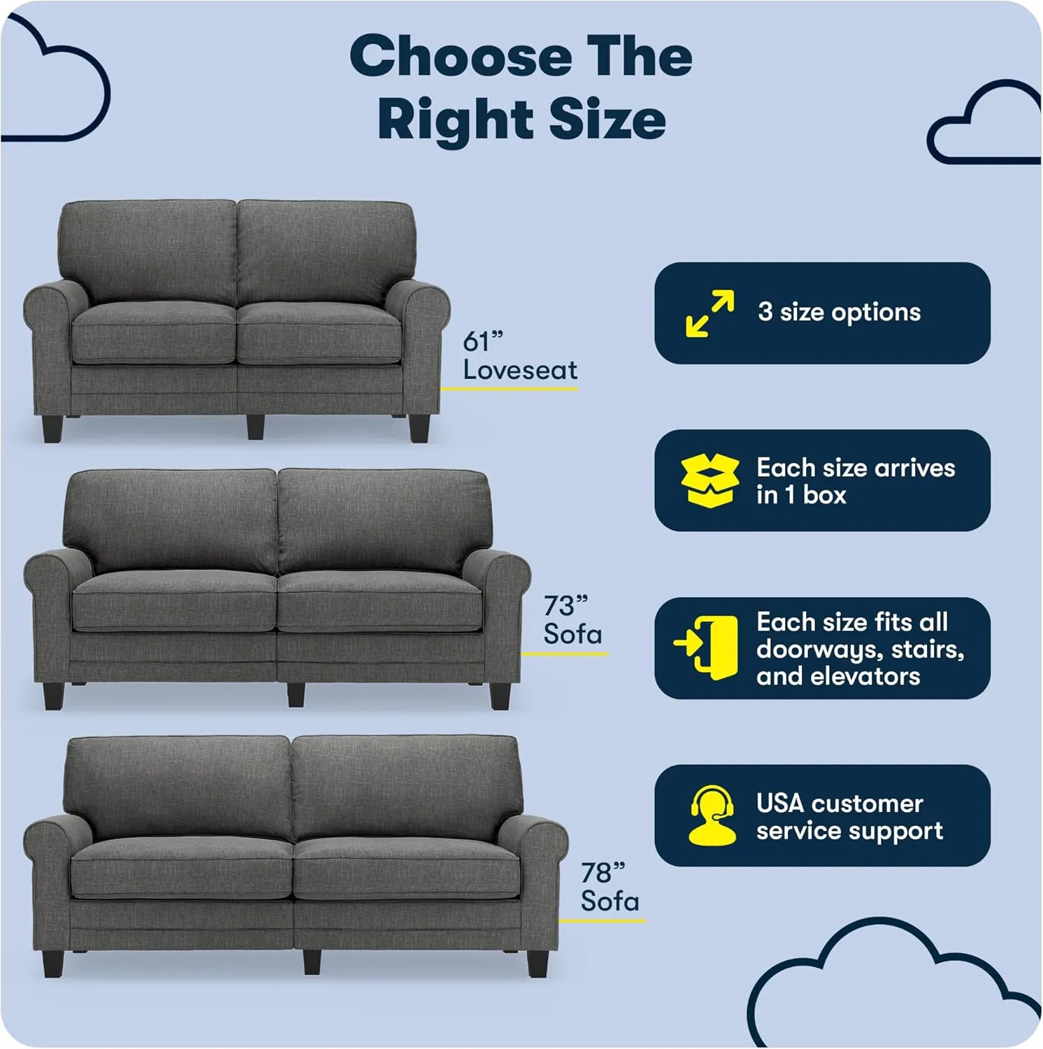 Serta Copenhagen 61" Rolled Arm Sofa, Easy Care Polyester, Soft Pillow Back, Pocket Coil Seat Cushions, Removable Covers, Loveseat or Couch for Small Spaces, Living Rooms or Bedrooms, Gray