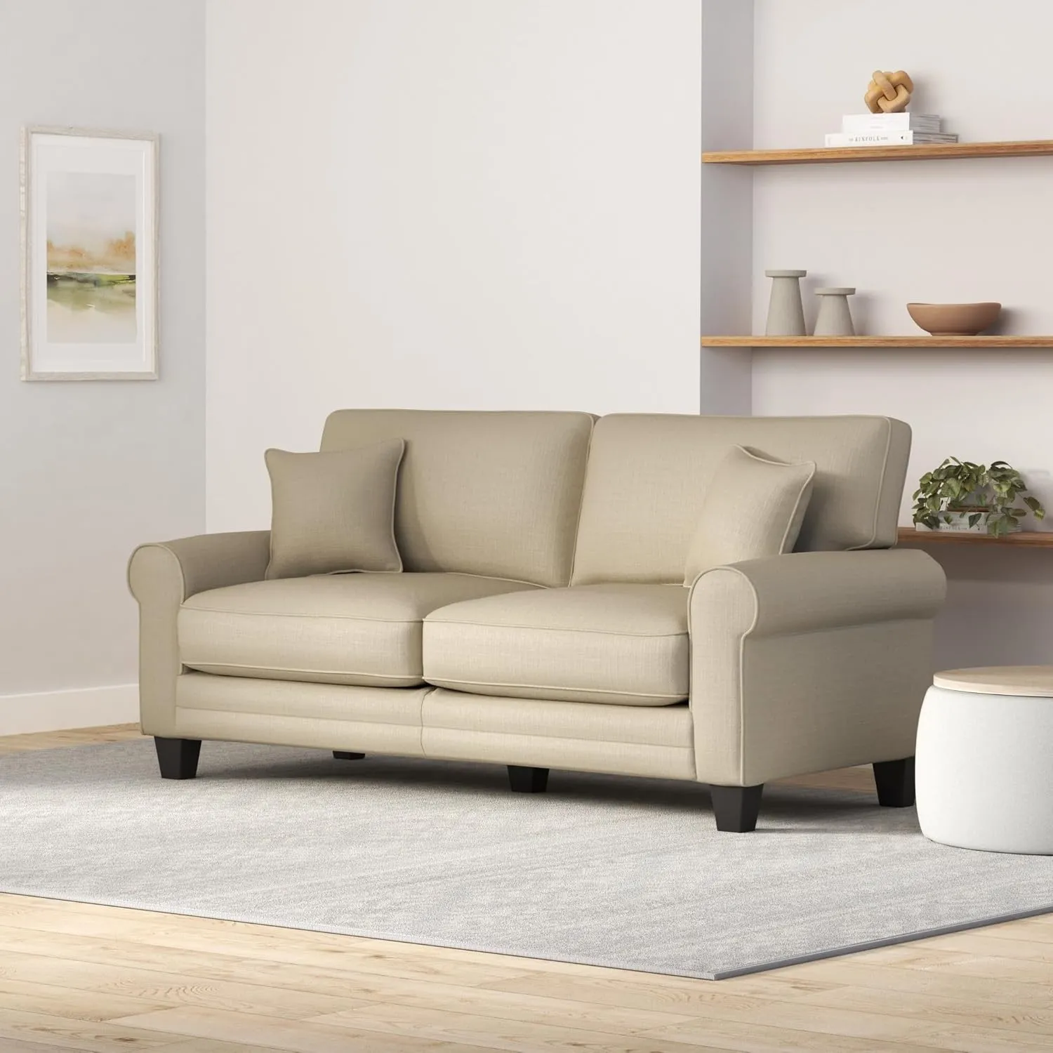 Serta Copenhagen 73" Rolled Arm Sofa, Easy Care Polyester, Soft Pillow Back, Pocket Coil Seat Cushions, Removable Covers, Loveseat or Couch for Small Spaces, Living Rooms or Bedrooms, Buckwheat Beige