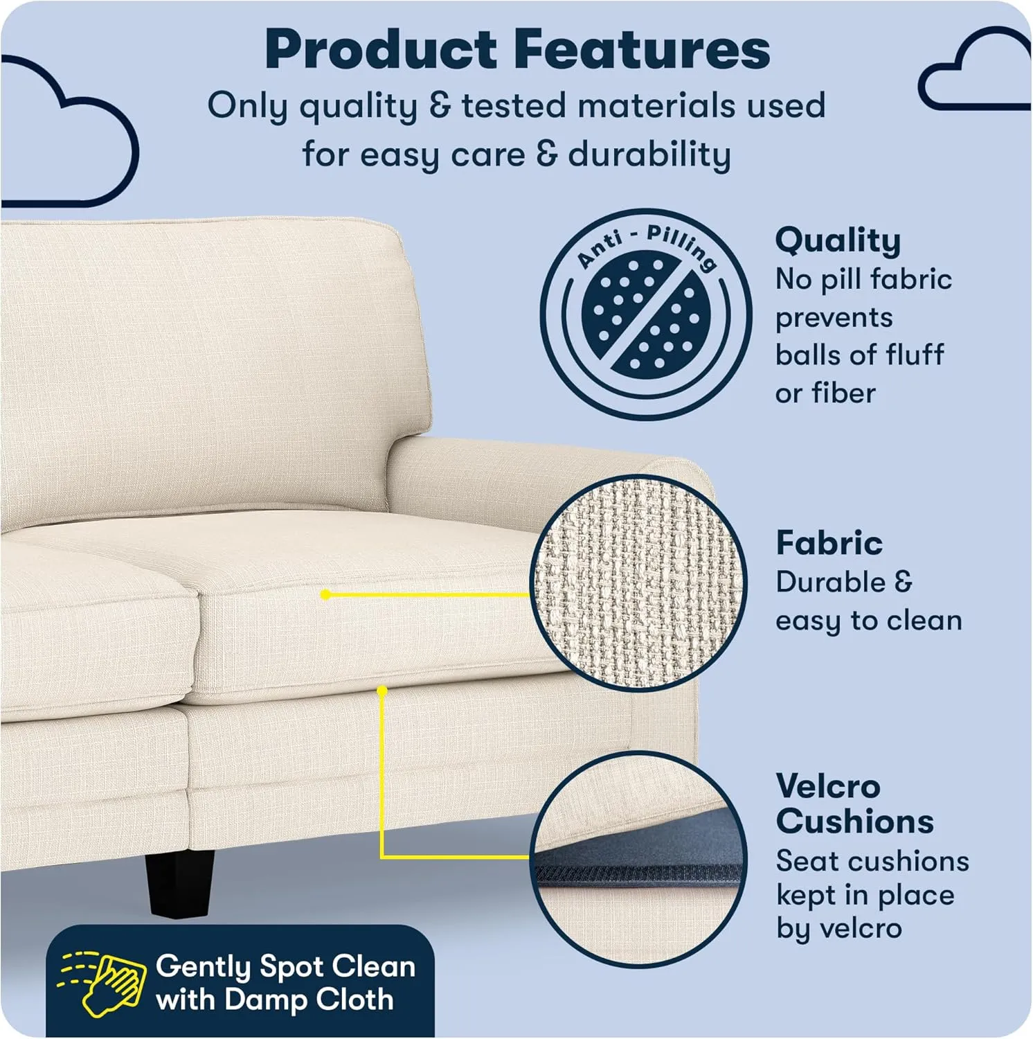 Serta Copenhagen 73" Rolled Arm Sofa, Easy Care Polyester, Soft Pillow Back, Pocket Coil Seat Cushions, Removable Covers, Loveseat or Couch for Small Spaces, Living Rooms or Bedrooms, Buckwheat Beige