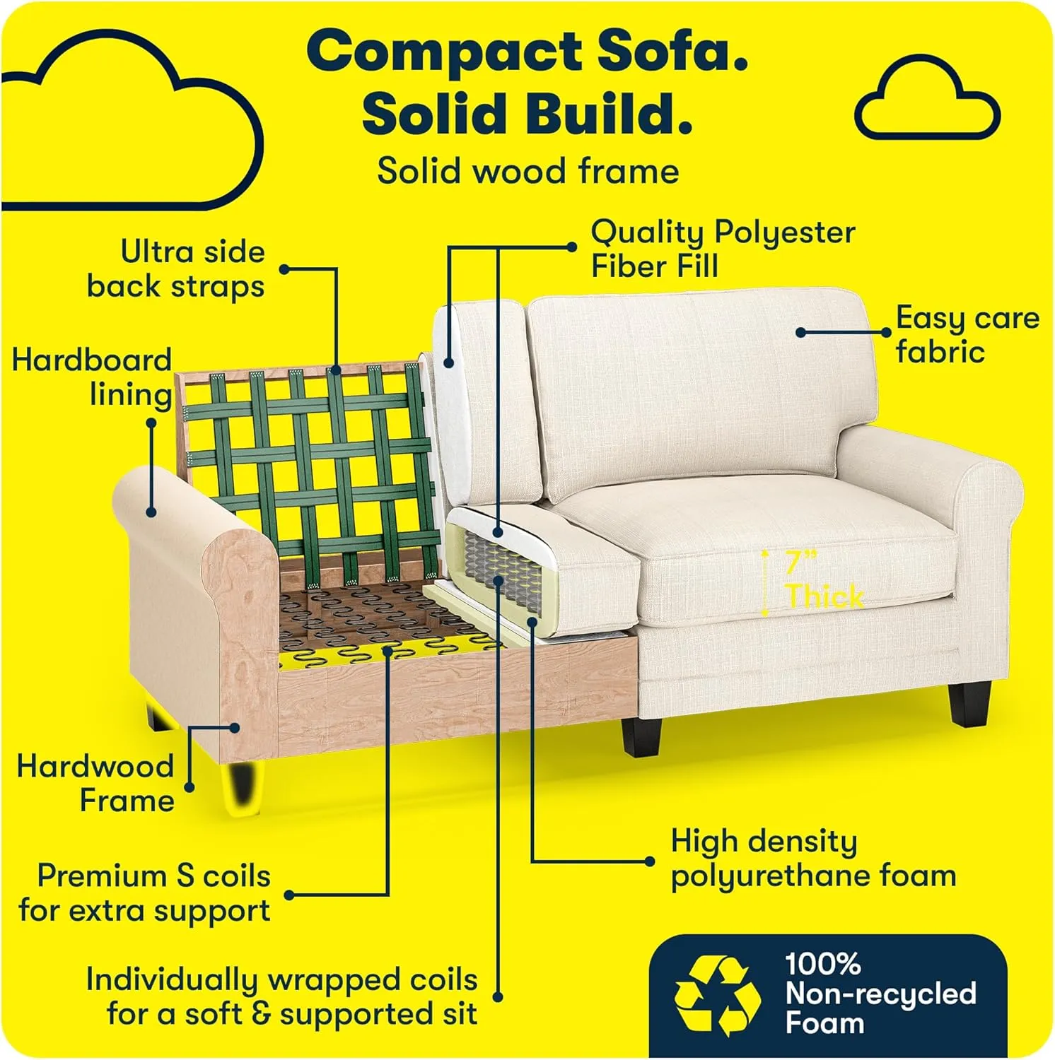 Serta Copenhagen 73" Rolled Arm Sofa, Easy Care Polyester, Soft Pillow Back, Pocket Coil Seat Cushions, Removable Covers, Loveseat or Couch for Small Spaces, Living Rooms or Bedrooms, Buckwheat Beige