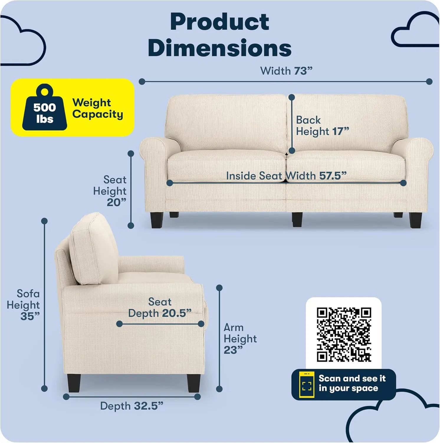 Serta Copenhagen 73" Rolled Arm Sofa, Easy Care Polyester, Soft Pillow Back, Pocket Coil Seat Cushions, Removable Covers, Loveseat or Couch for Small Spaces, Living Rooms or Bedrooms, Buckwheat Beige
