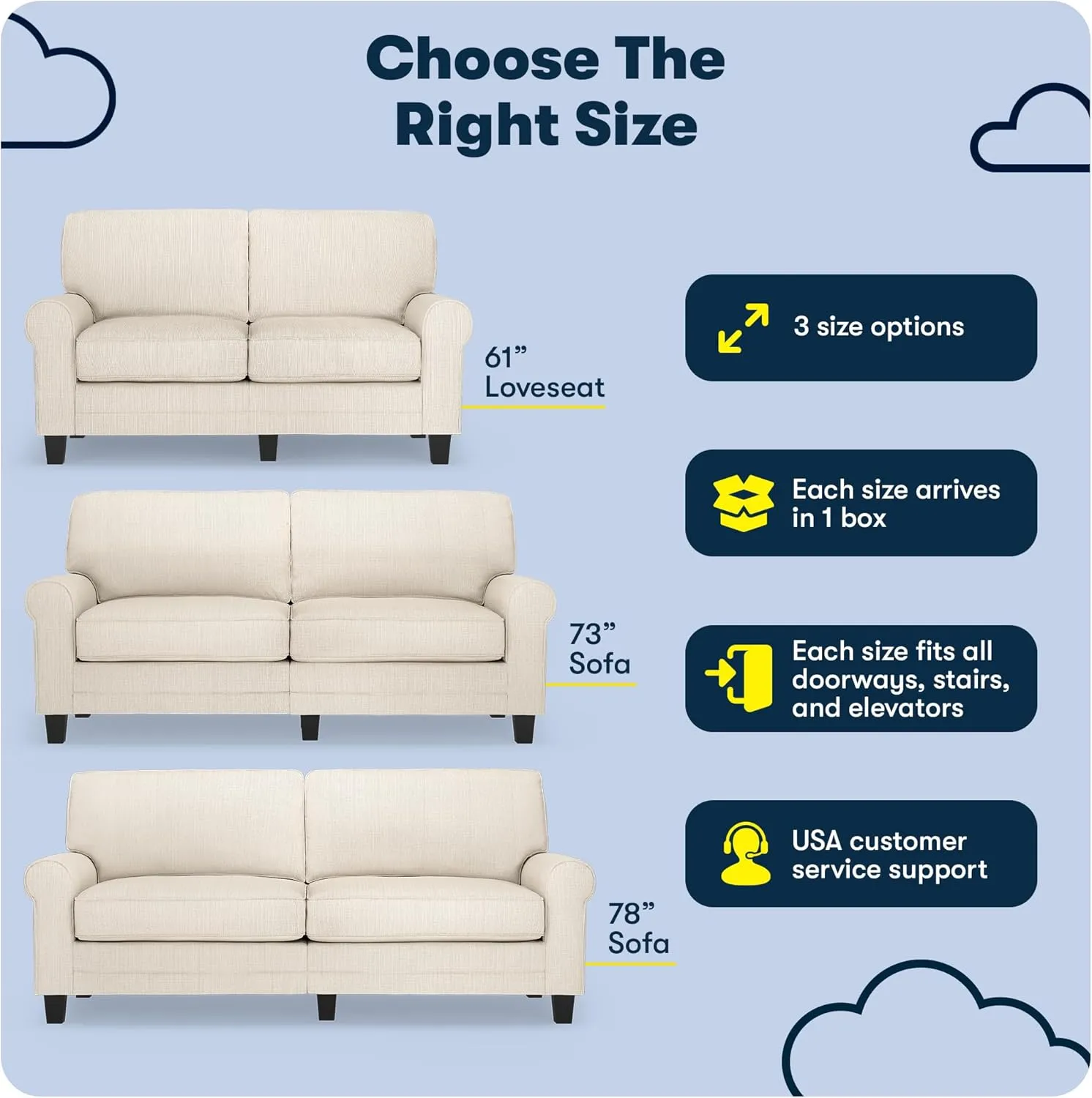 Serta Copenhagen 73" Rolled Arm Sofa, Easy Care Polyester, Soft Pillow Back, Pocket Coil Seat Cushions, Removable Covers, Loveseat or Couch for Small Spaces, Living Rooms or Bedrooms, Buckwheat Beige
