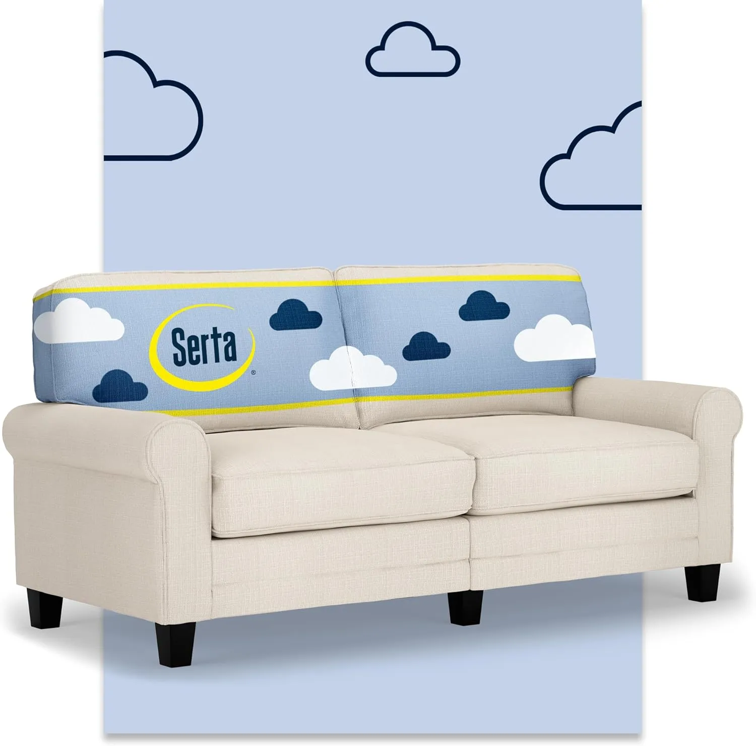 Serta Copenhagen 73" Rolled Arm Sofa, Easy Care Polyester, Soft Pillow Back, Pocket Coil Seat Cushions, Removable Covers, Loveseat or Couch for Small Spaces, Living Rooms or Bedrooms, Buckwheat Beige