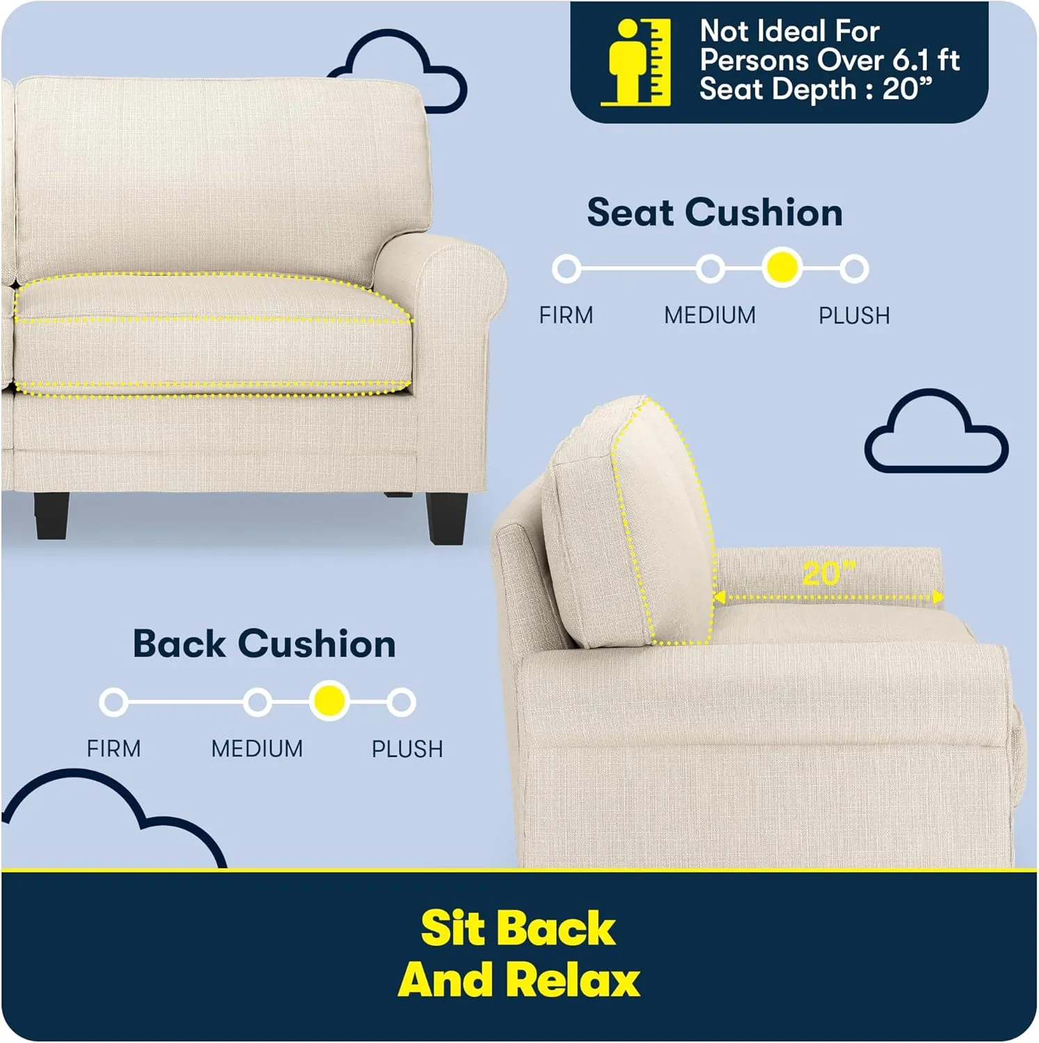 Serta Copenhagen 73" Rolled Arm Sofa, Easy Care Polyester, Soft Pillow Back, Pocket Coil Seat Cushions, Removable Covers, Loveseat or Couch for Small Spaces, Living Rooms or Bedrooms, Buckwheat Beige