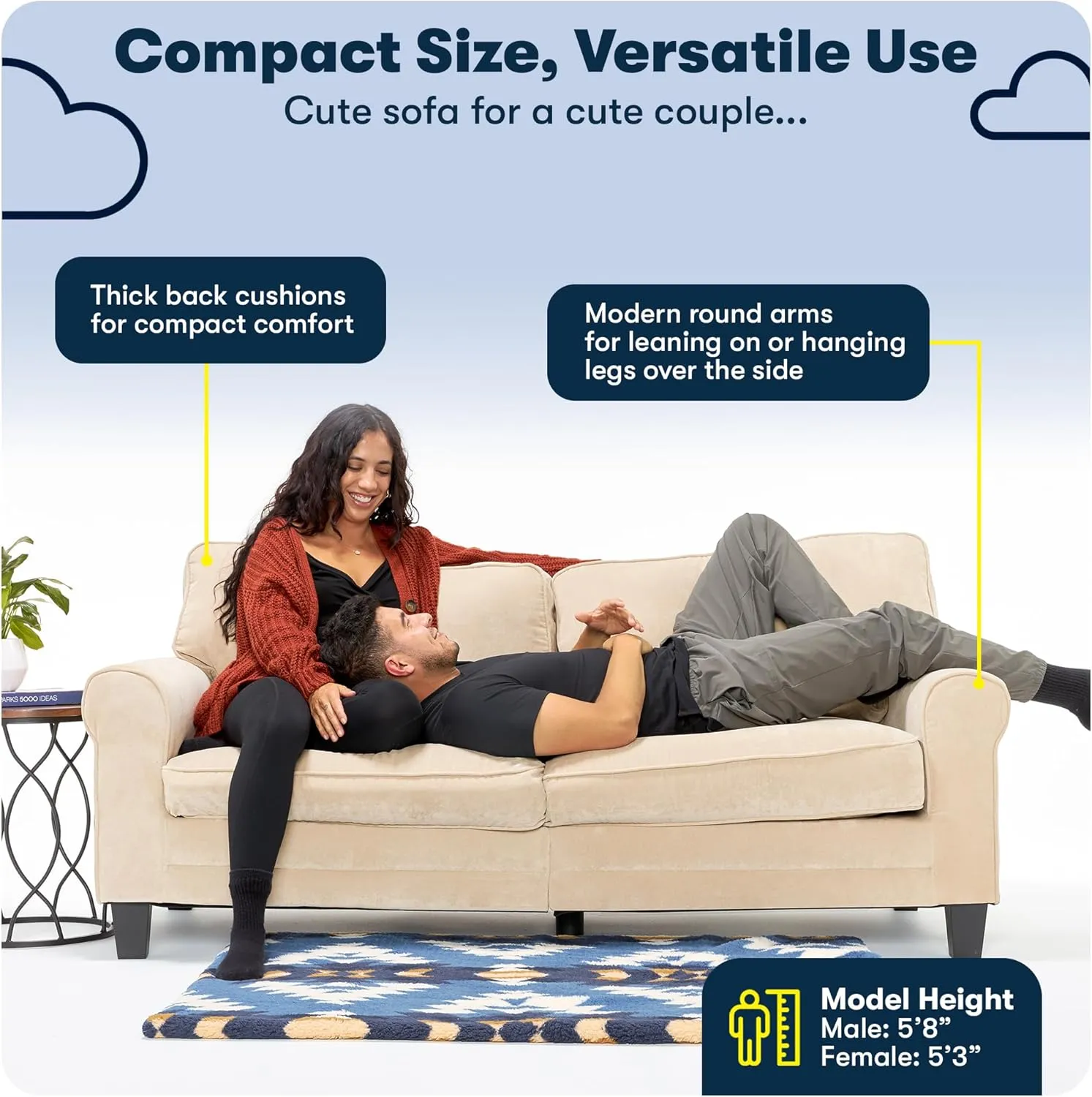 Serta Copenhagen 73" Rolled Arm Sofa, Easy Care Polyester, Soft Pillow Back, Pocket Coil Seat Cushions, Removable Covers, Loveseat or Couch for Small Spaces, Living Rooms or Bedrooms, Buckwheat Beige