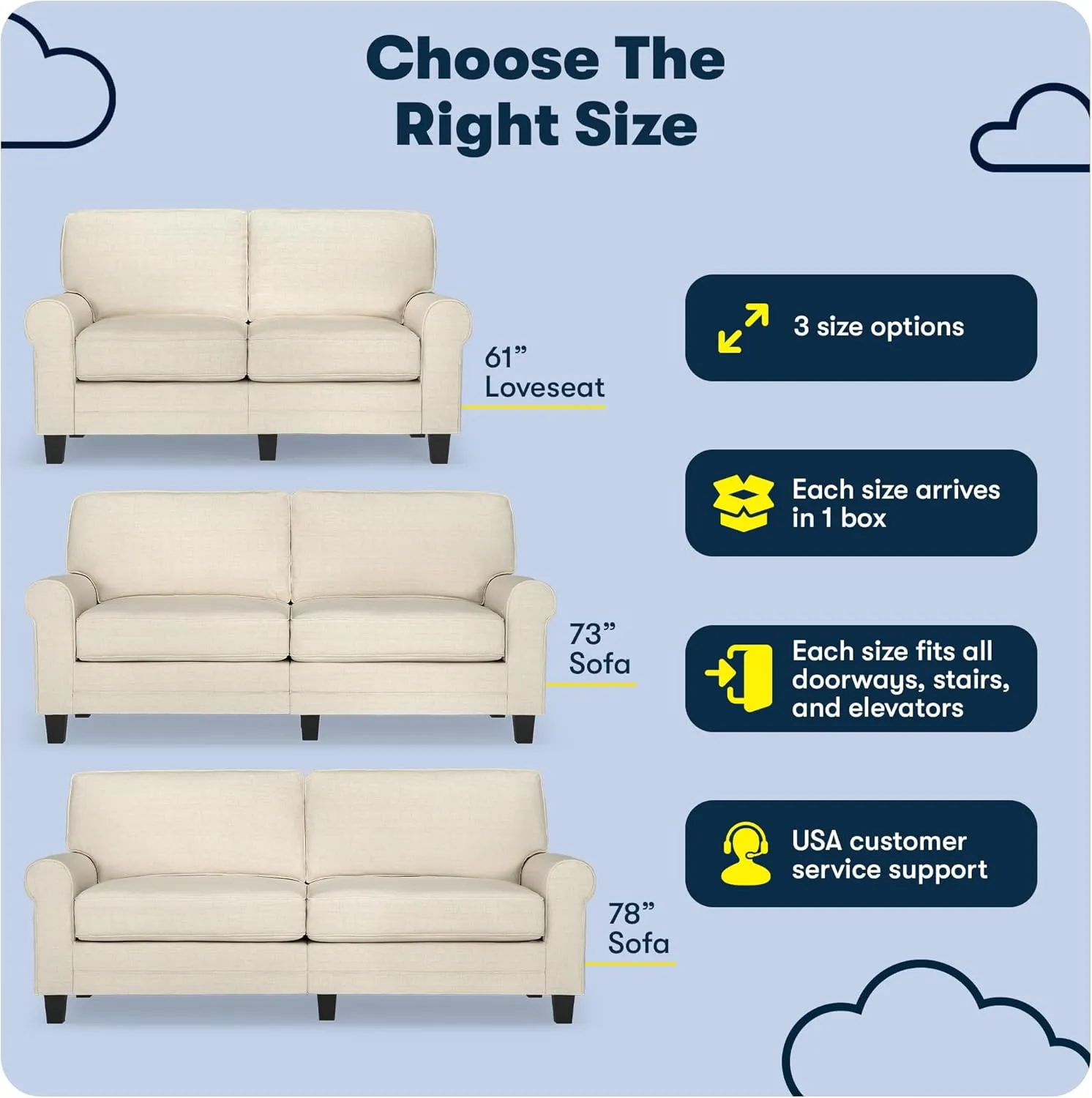 Serta Copenhagen 73" Rolled Arm Sofa, Easy Care Polyester, Soft Pillow Back, Pocket Coil Seat Cushions, Removable Covers, Loveseat or Couch for Small Spaces, Living Rooms or Bedrooms, Buttercream