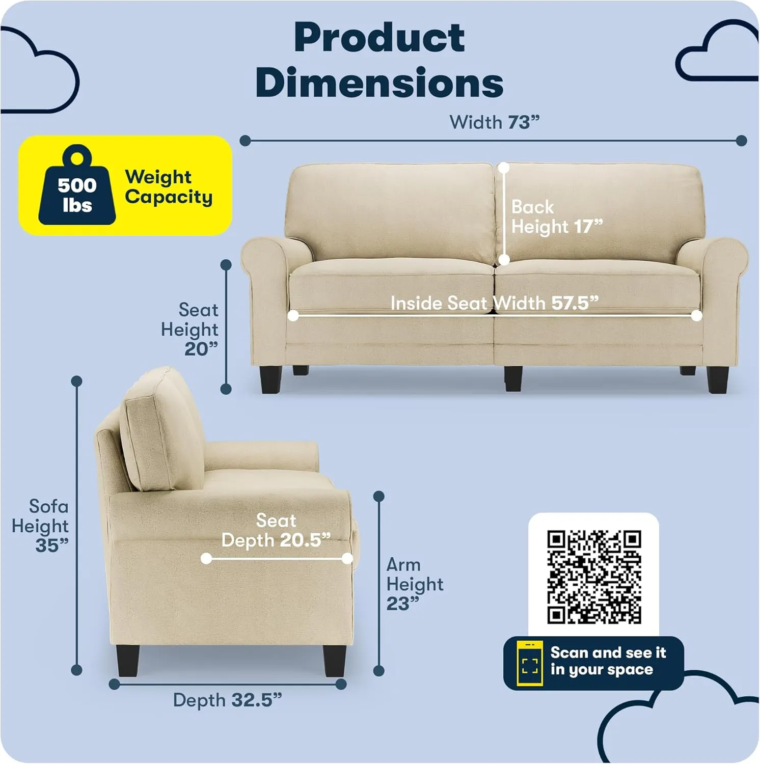 Serta Copenhagen 73" Rolled Arm Sofa, Easy Care Polyester, Soft Pillow Back, Pocket Coil Seat Cushions, Removable Covers, Loveseat or Couch for Small Spaces, Living Rooms or Bedrooms, Buttercream