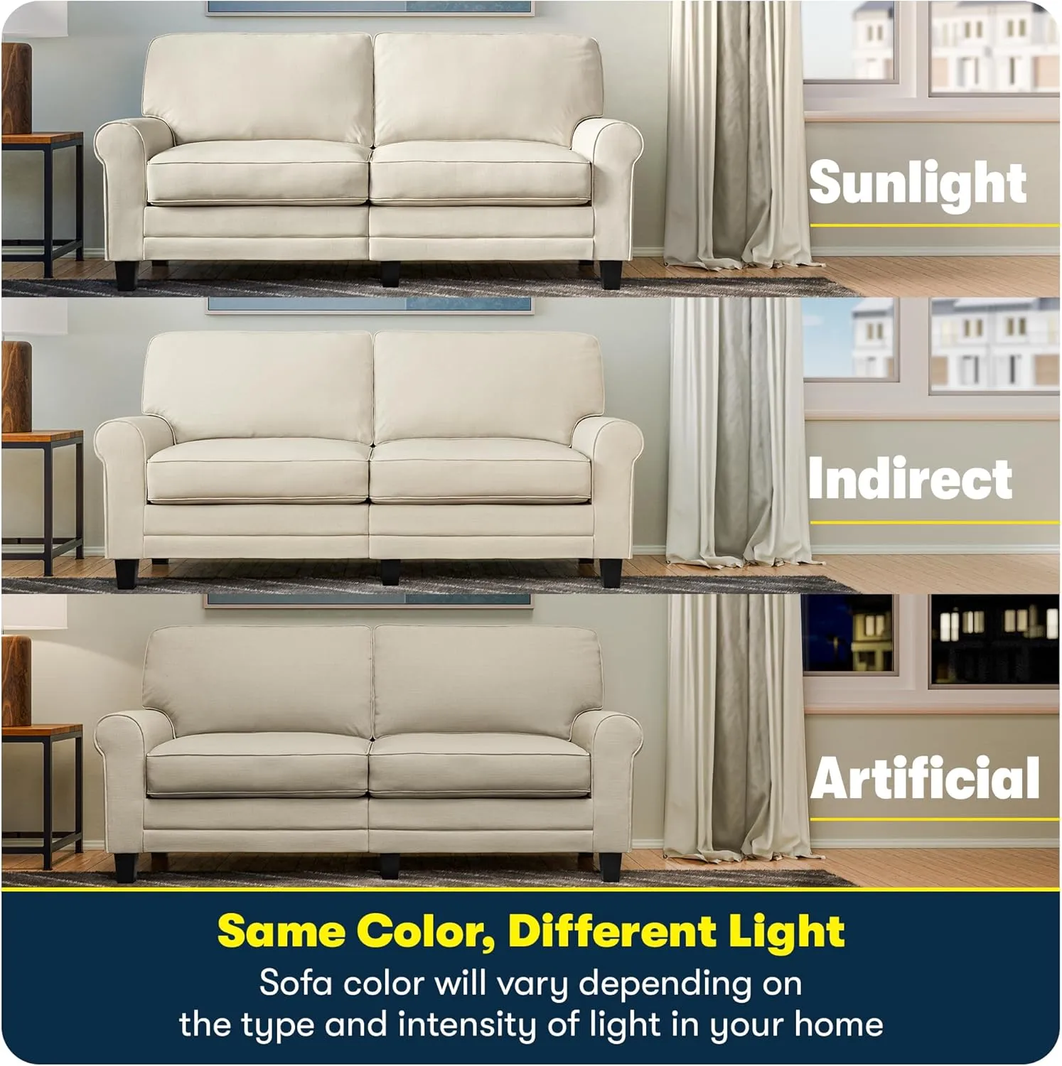 Serta Copenhagen 73" Rolled Arm Sofa, Easy Care Polyester, Soft Pillow Back, Pocket Coil Seat Cushions, Removable Covers, Loveseat or Couch for Small Spaces, Living Rooms or Bedrooms, Buttercream