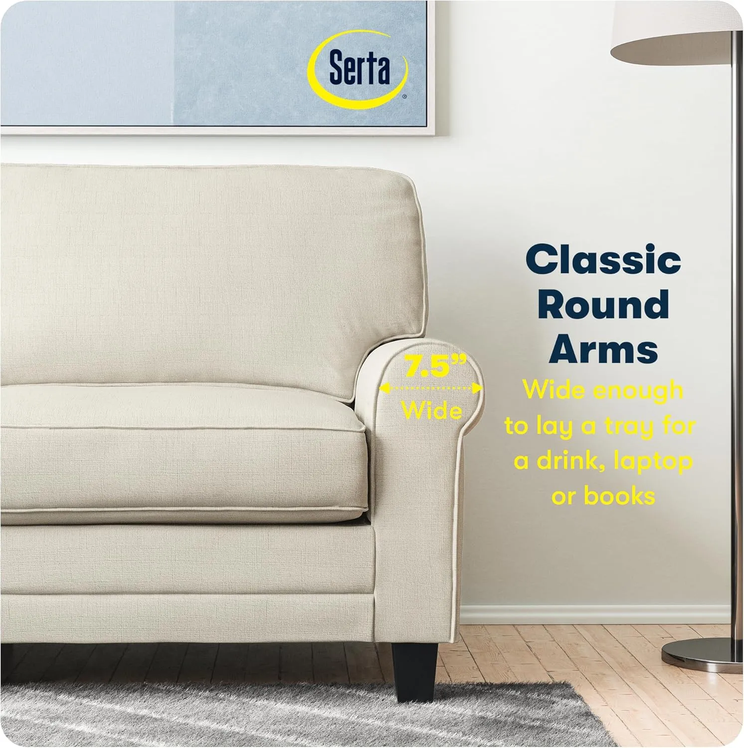Serta Copenhagen 73" Rolled Arm Sofa, Easy Care Polyester, Soft Pillow Back, Pocket Coil Seat Cushions, Removable Covers, Loveseat or Couch for Small Spaces, Living Rooms or Bedrooms, Buttercream