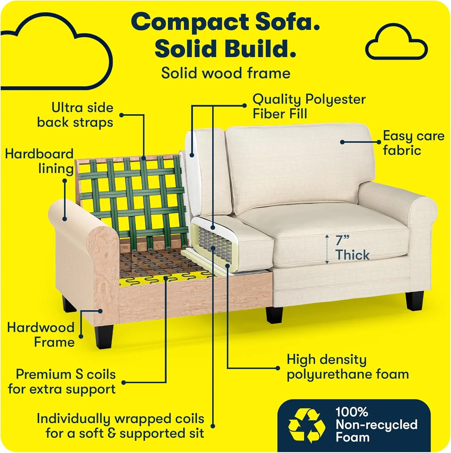 Serta Copenhagen 73" Rolled Arm Sofa, Easy Care Polyester, Soft Pillow Back, Pocket Coil Seat Cushions, Removable Covers, Loveseat or Couch for Small Spaces, Living Rooms or Bedrooms, Buttercream