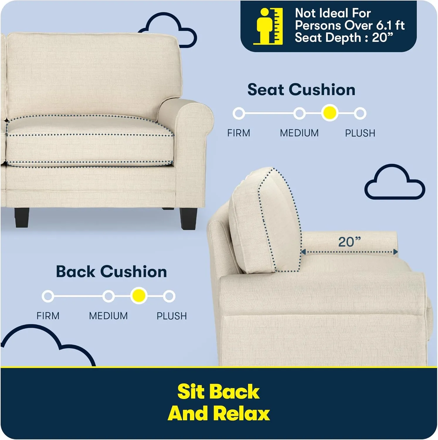 Serta Copenhagen 73" Rolled Arm Sofa, Easy Care Polyester, Soft Pillow Back, Pocket Coil Seat Cushions, Removable Covers, Loveseat or Couch for Small Spaces, Living Rooms or Bedrooms, Buttercream