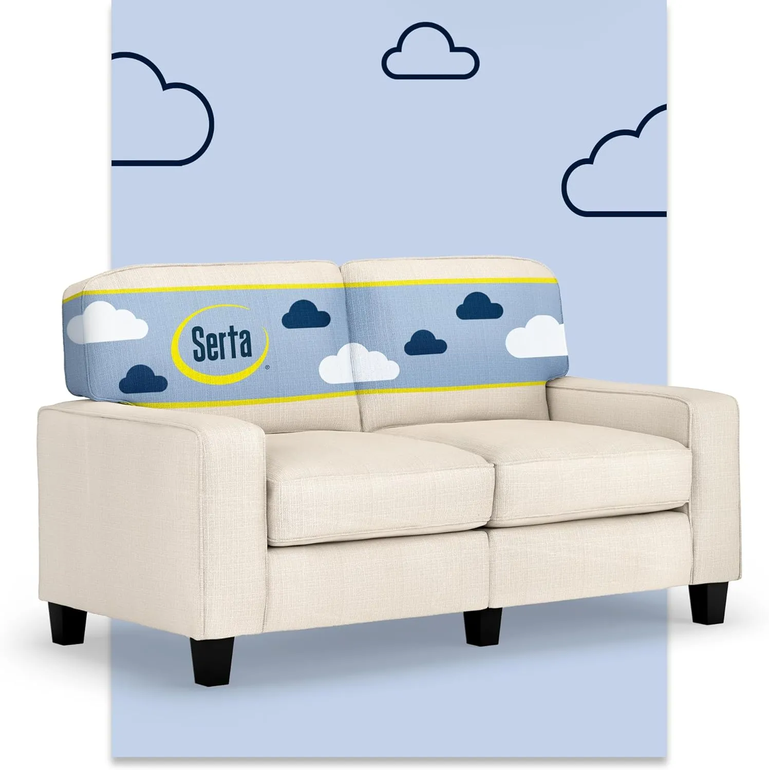 Serta Palisades 61" Track Arm Sofa, Easy Care Polyester, Soft Pillow Back, Pocket Coil Seat Cushions, Removable Covers, Loveseat or Couch for Small Spaces, Living Rooms or Bedrooms, Buckwheat Beige