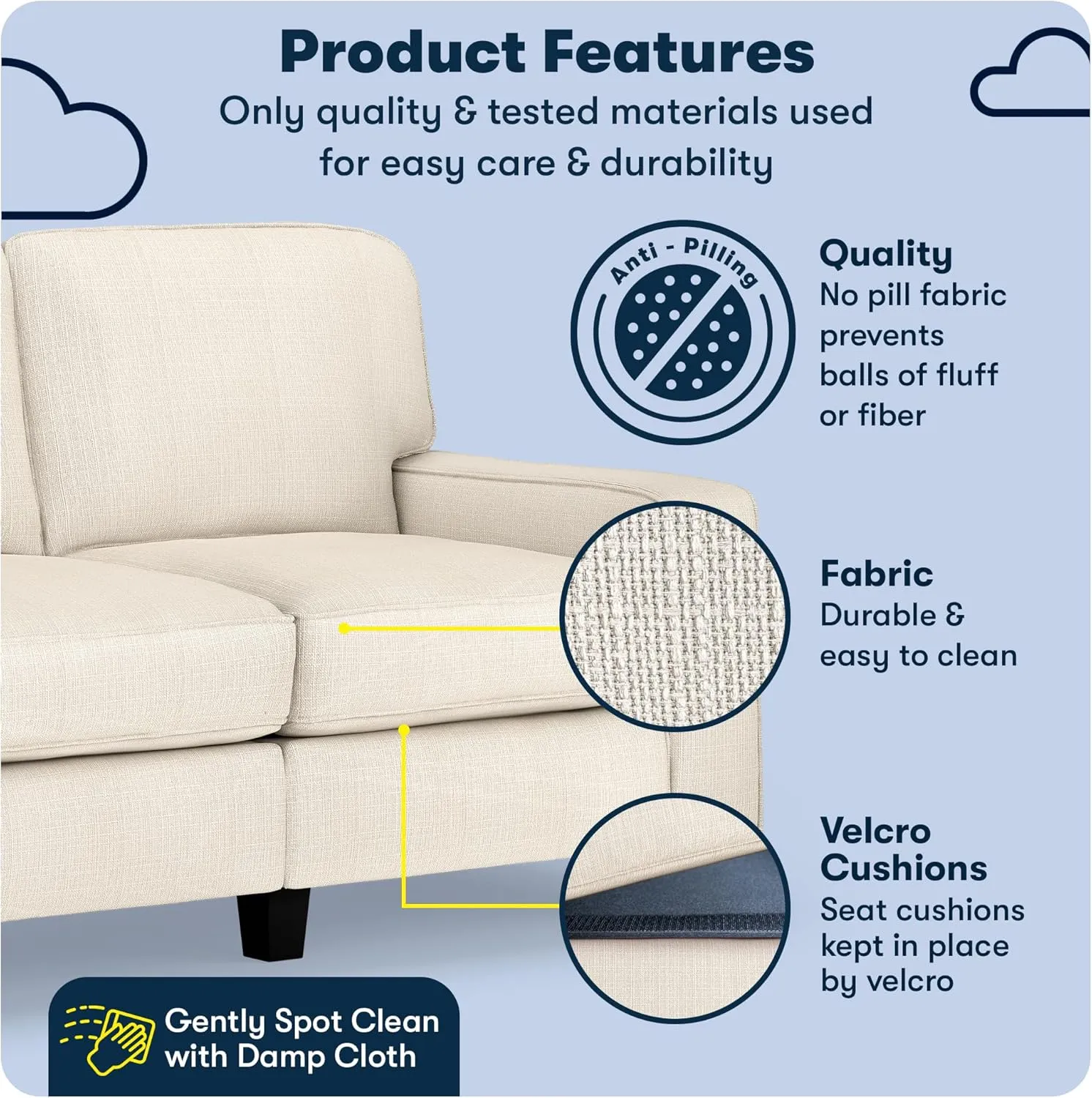 Serta Palisades 61" Track Arm Sofa, Easy Care Polyester, Soft Pillow Back, Pocket Coil Seat Cushions, Removable Covers, Loveseat or Couch for Small Spaces, Living Rooms or Bedrooms, Buckwheat Beige