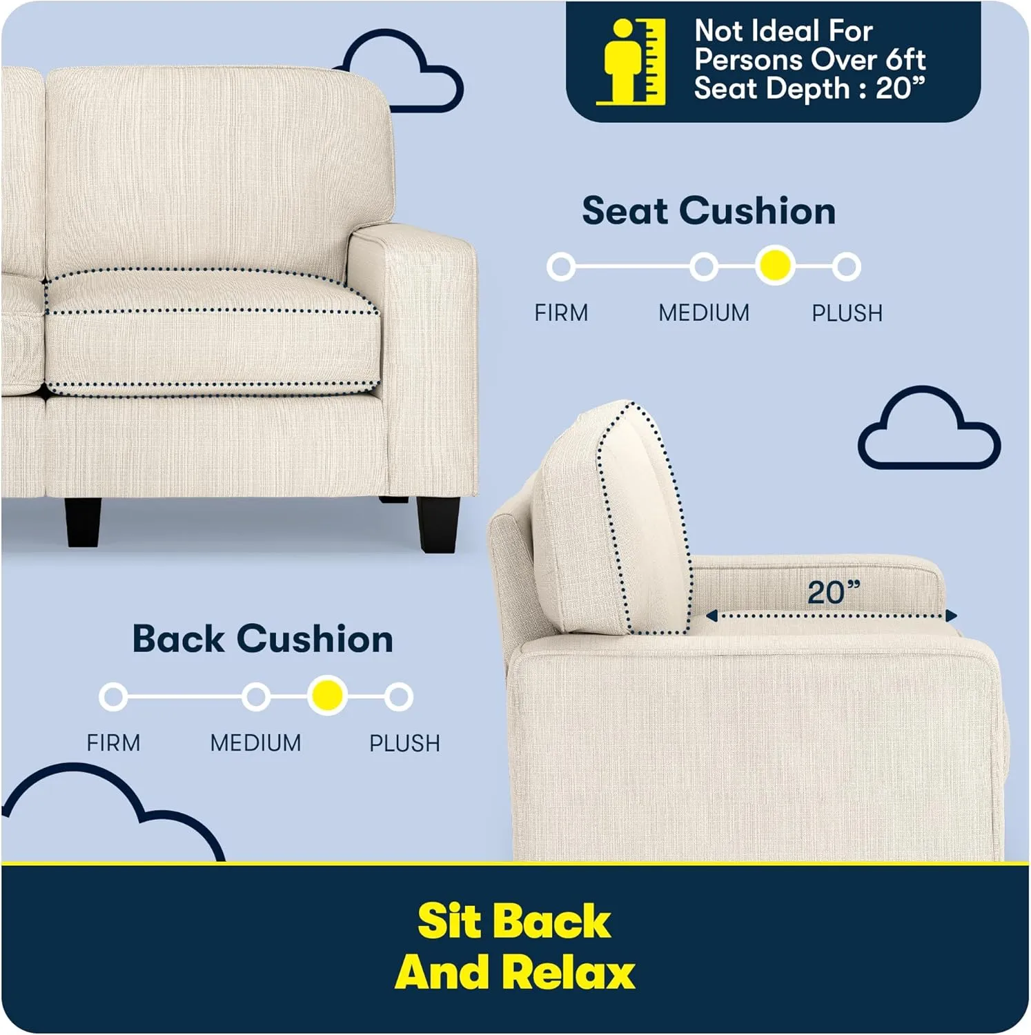 Serta Palisades 61" Track Arm Sofa, Easy Care Polyester, Soft Pillow Back, Pocket Coil Seat Cushions, Removable Covers, Loveseat or Couch for Small Spaces, Living Rooms or Bedrooms, Buckwheat Beige