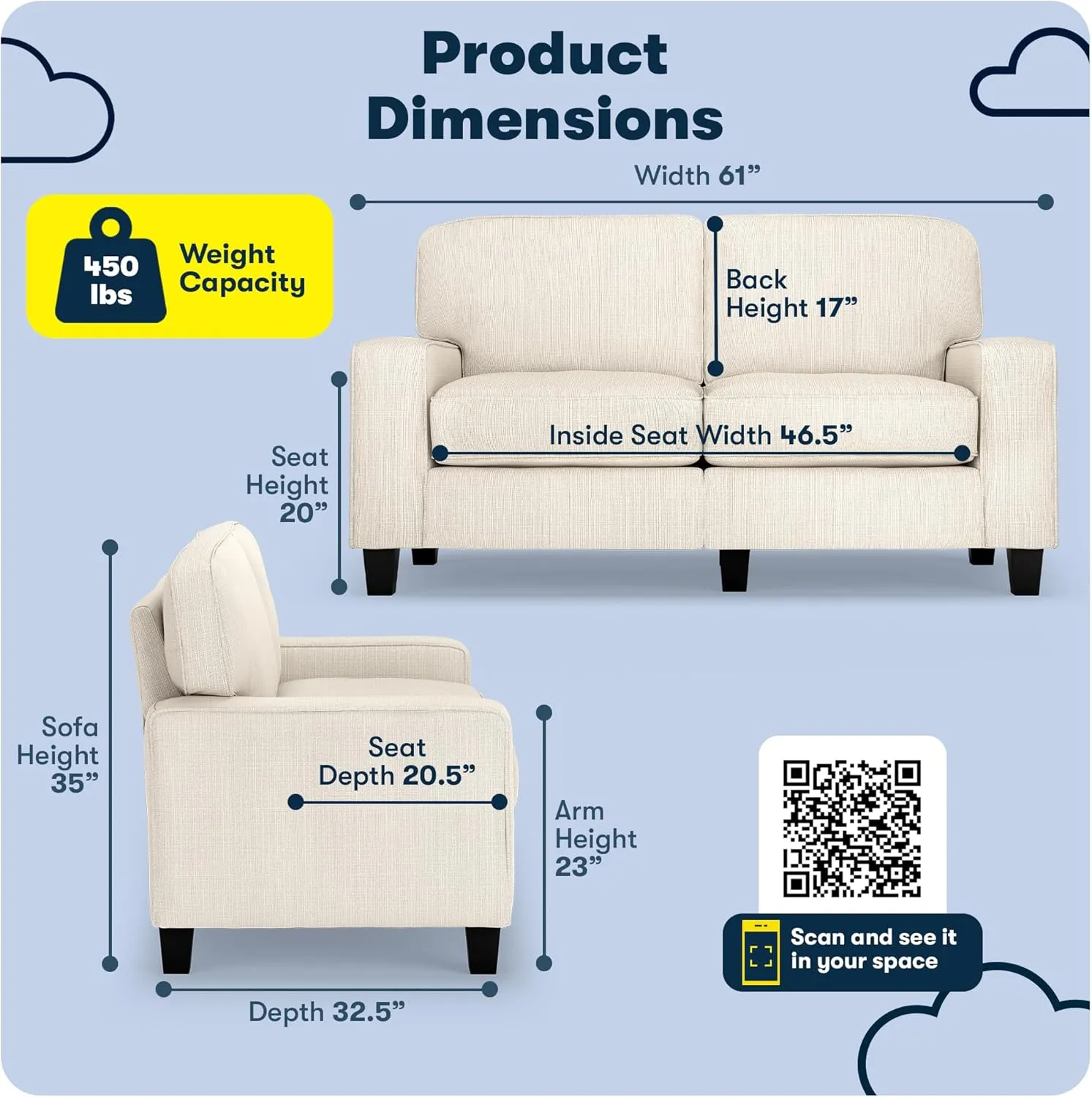 Serta Palisades 61" Track Arm Sofa, Easy Care Polyester, Soft Pillow Back, Pocket Coil Seat Cushions, Removable Covers, Loveseat or Couch for Small Spaces, Living Rooms or Bedrooms, Buckwheat Beige