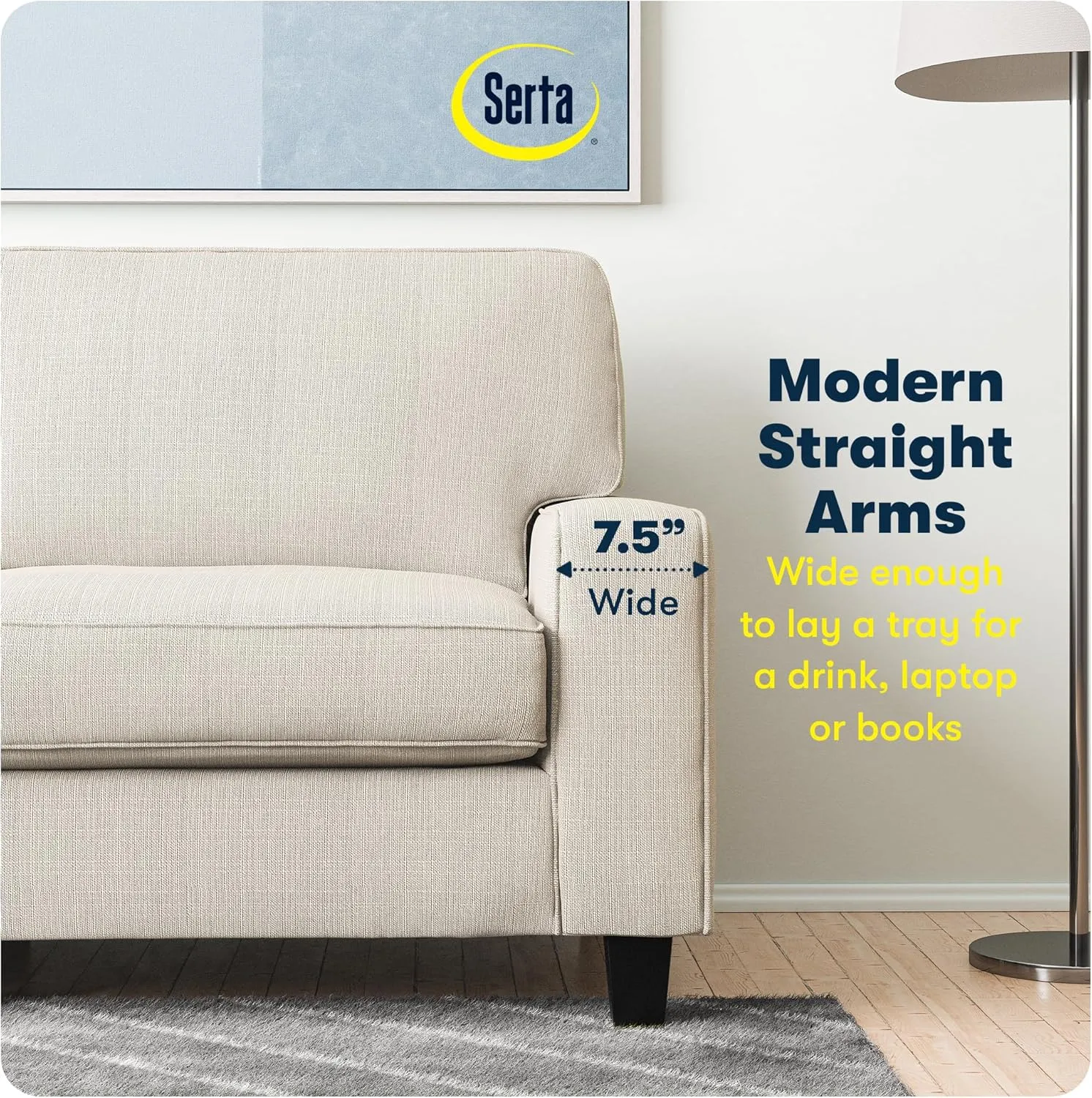 Serta Palisades 61" Track Arm Sofa, Easy Care Polyester, Soft Pillow Back, Pocket Coil Seat Cushions, Removable Covers, Loveseat or Couch for Small Spaces, Living Rooms or Bedrooms, Buckwheat Beige