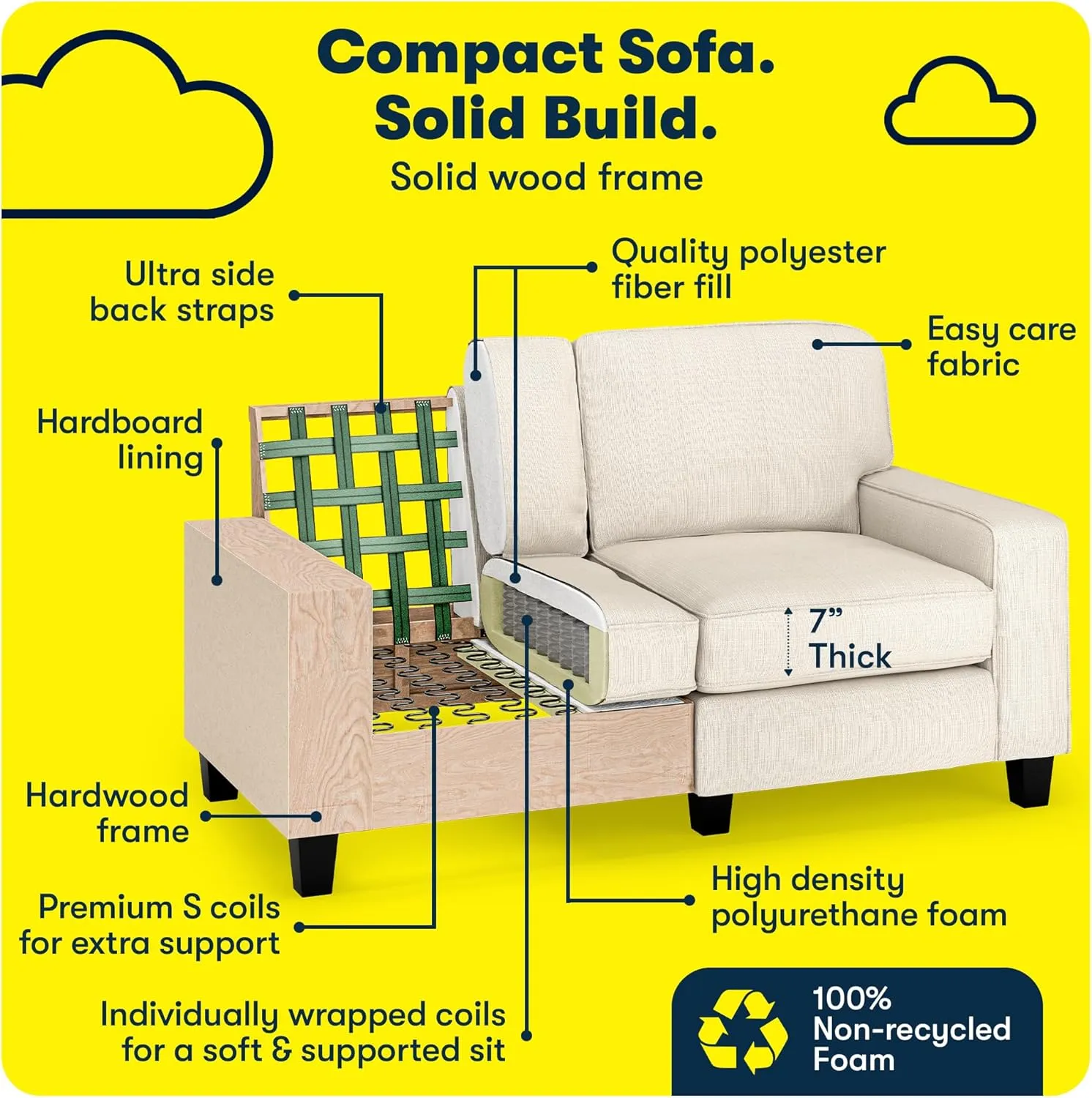 Serta Palisades 61" Track Arm Sofa, Easy Care Polyester, Soft Pillow Back, Pocket Coil Seat Cushions, Removable Covers, Loveseat or Couch for Small Spaces, Living Rooms or Bedrooms, Buckwheat Beige