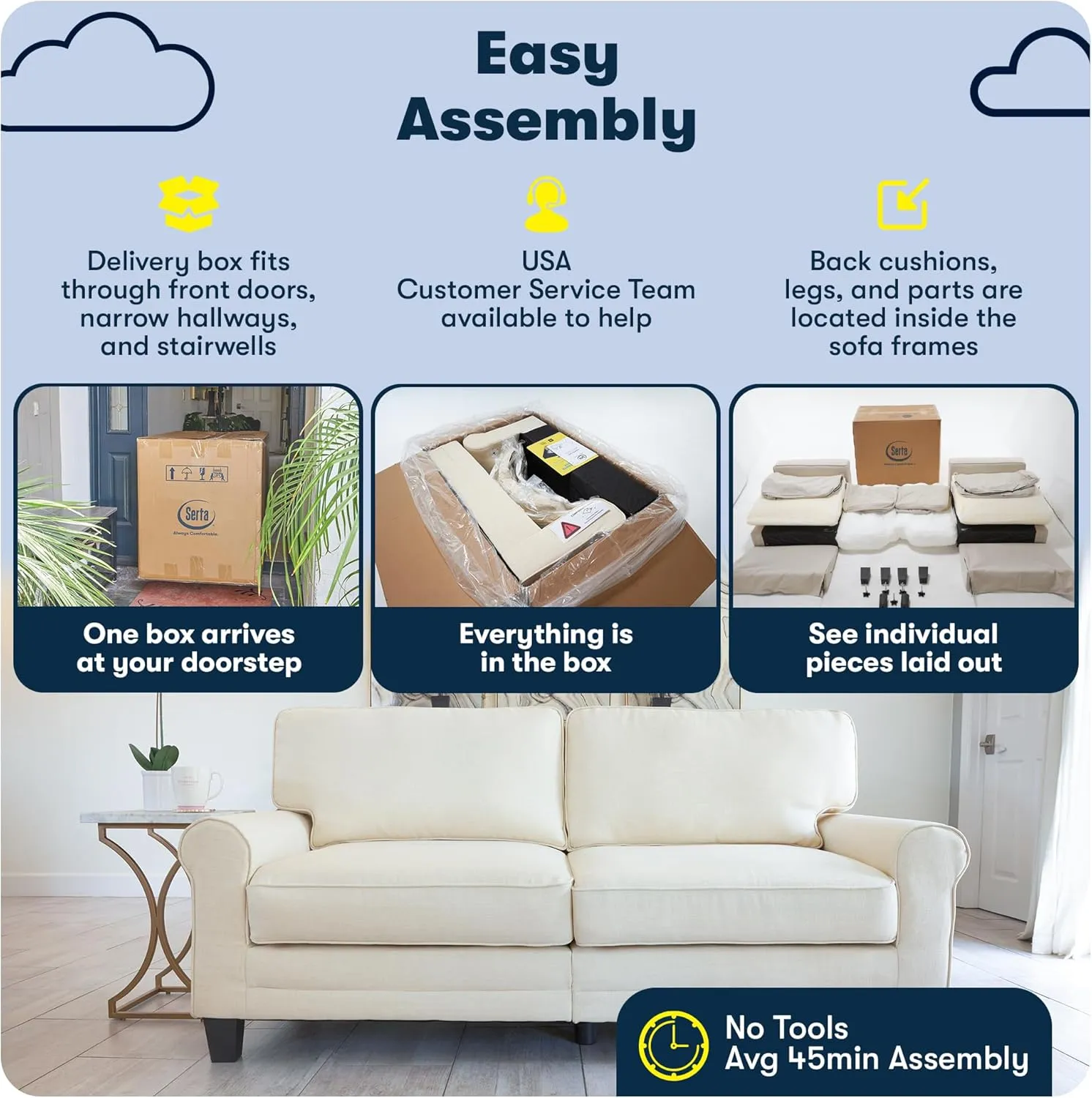 Serta Palisades 61" Track Arm Sofa, Easy Care Polyester, Soft Pillow Back, Pocket Coil Seat Cushions, Removable Covers, Loveseat or Couch for Small Spaces, Living Rooms or Bedrooms, Navy Blue