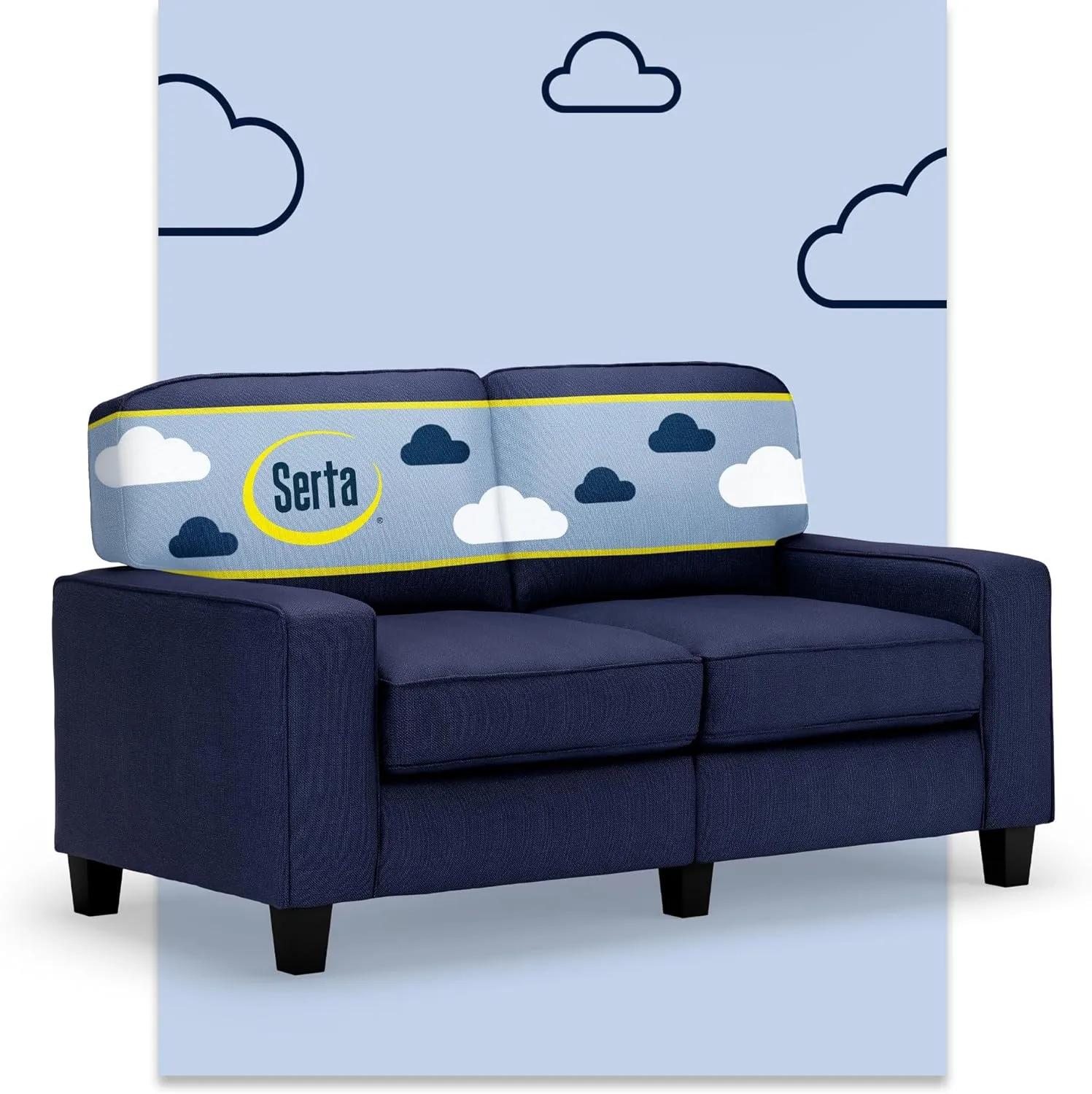 Serta Palisades 61" Track Arm Sofa, Easy Care Polyester, Soft Pillow Back, Pocket Coil Seat Cushions, Removable Covers, Loveseat or Couch for Small Spaces, Living Rooms or Bedrooms, Navy Blue