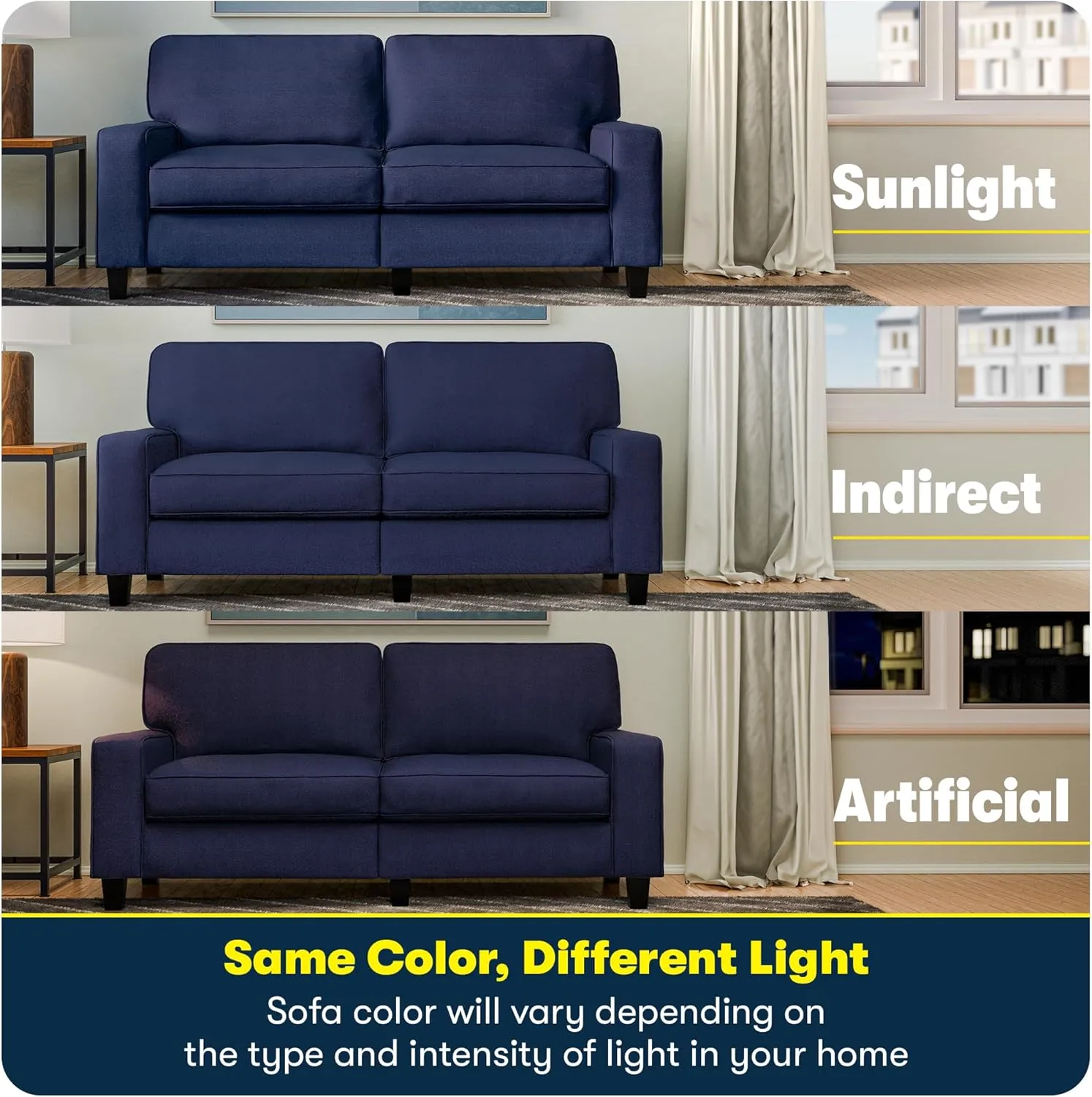 Serta Palisades 61" Track Arm Sofa, Easy Care Polyester, Soft Pillow Back, Pocket Coil Seat Cushions, Removable Covers, Loveseat or Couch for Small Spaces, Living Rooms or Bedrooms, Navy Blue