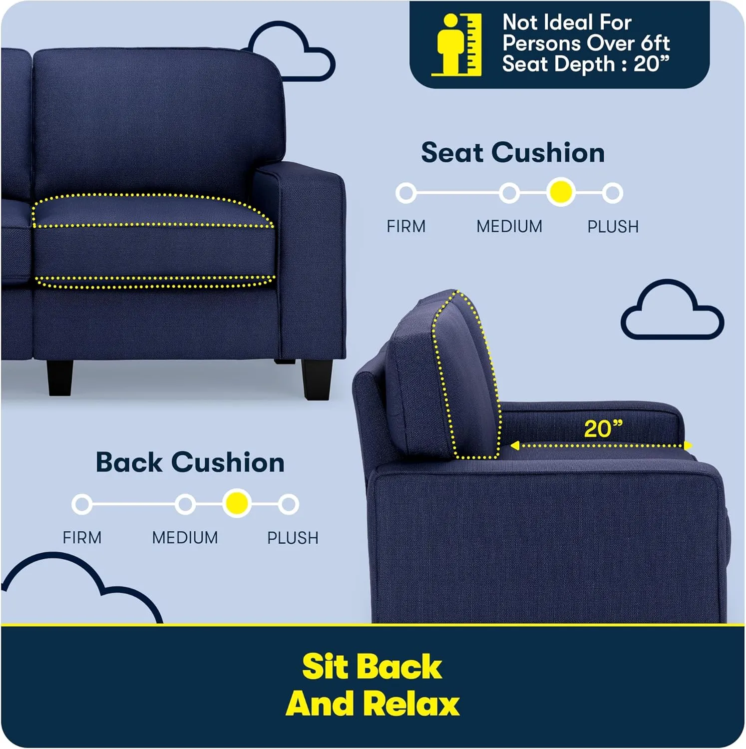 Serta Palisades 61" Track Arm Sofa, Easy Care Polyester, Soft Pillow Back, Pocket Coil Seat Cushions, Removable Covers, Loveseat or Couch for Small Spaces, Living Rooms or Bedrooms, Navy Blue