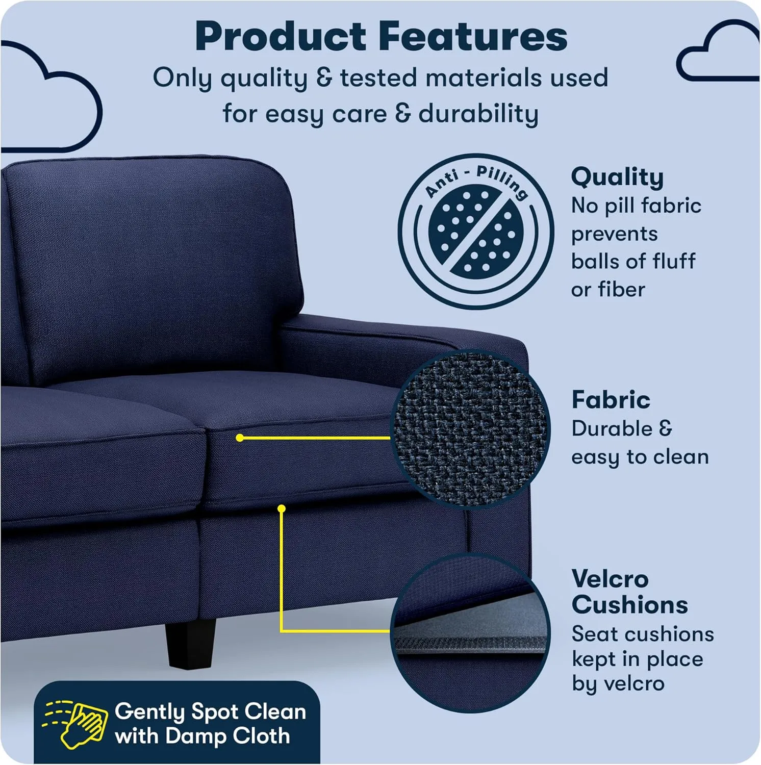 Serta Palisades 61" Track Arm Sofa, Easy Care Polyester, Soft Pillow Back, Pocket Coil Seat Cushions, Removable Covers, Loveseat or Couch for Small Spaces, Living Rooms or Bedrooms, Navy Blue
