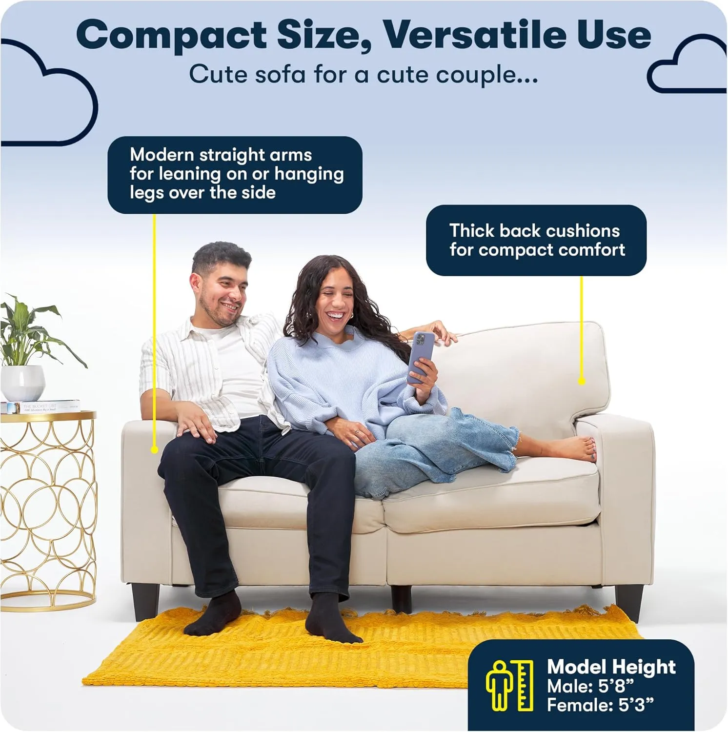 Serta Palisades 61" Track Arm Sofa, Easy Care Polyester, Soft Pillow Back, Pocket Coil Seat Cushions, Removable Covers, Loveseat or Couch for Small Spaces, Living Rooms or Bedrooms, Navy Blue