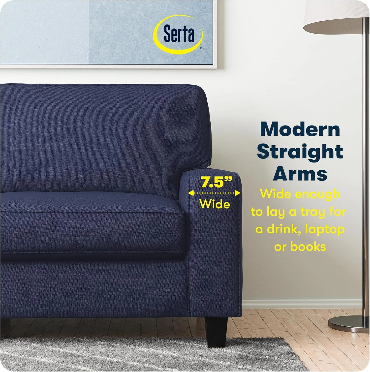 Serta Palisades 61" Track Arm Sofa, Easy Care Polyester, Soft Pillow Back, Pocket Coil Seat Cushions, Removable Covers, Loveseat or Couch for Small Spaces, Living Rooms or Bedrooms, Navy Blue
