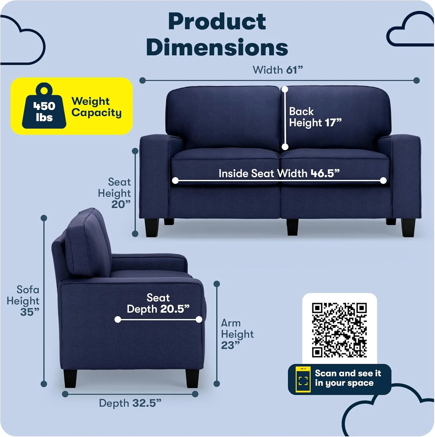 Serta Palisades 61" Track Arm Sofa, Easy Care Polyester, Soft Pillow Back, Pocket Coil Seat Cushions, Removable Covers, Loveseat or Couch for Small Spaces, Living Rooms or Bedrooms, Navy Blue