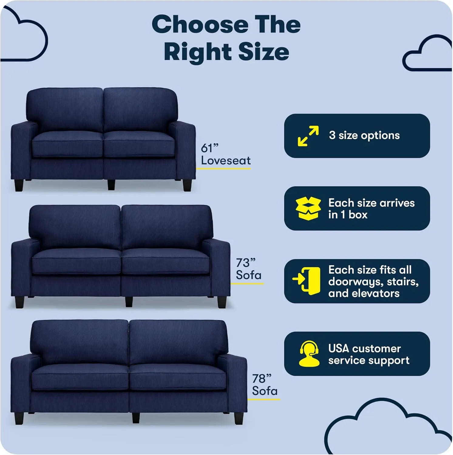 Serta Palisades 61" Track Arm Sofa, Easy Care Polyester, Soft Pillow Back, Pocket Coil Seat Cushions, Removable Covers, Loveseat or Couch for Small Spaces, Living Rooms or Bedrooms, Navy Blue