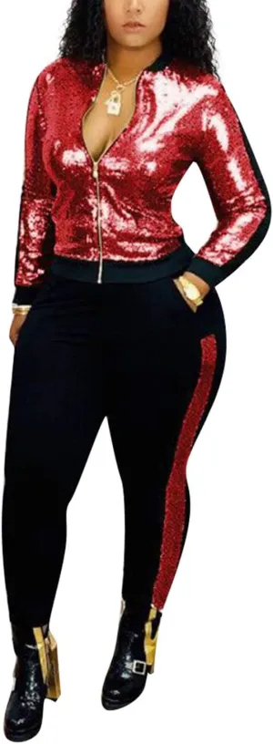 SIAEAMRG Women 2 Piece Glitter Sequin Outfits Tracksuit, Jacket Tops Log Pants Sparkle Sweatsuit Club Wear
