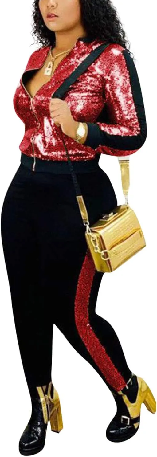 SIAEAMRG Women 2 Piece Glitter Sequin Outfits Tracksuit, Jacket Tops Log Pants Sparkle Sweatsuit Club Wear