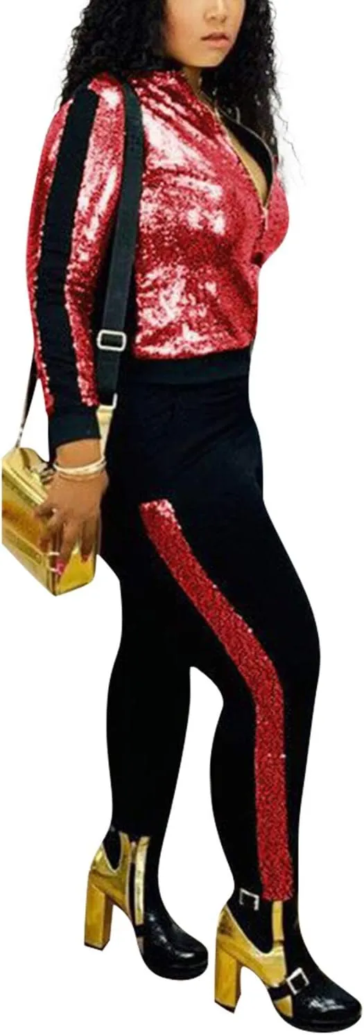 SIAEAMRG Women 2 Piece Glitter Sequin Outfits Tracksuit, Jacket Tops Log Pants Sparkle Sweatsuit Club Wear