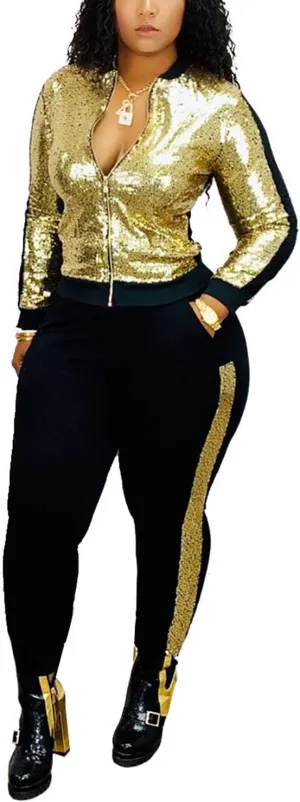 SIAEAMRG Women 2 Piece Glitter Sequin Outfits Tracksuit, Jacket Tops Log Pants Sparkle Sweatsuit Club Wear