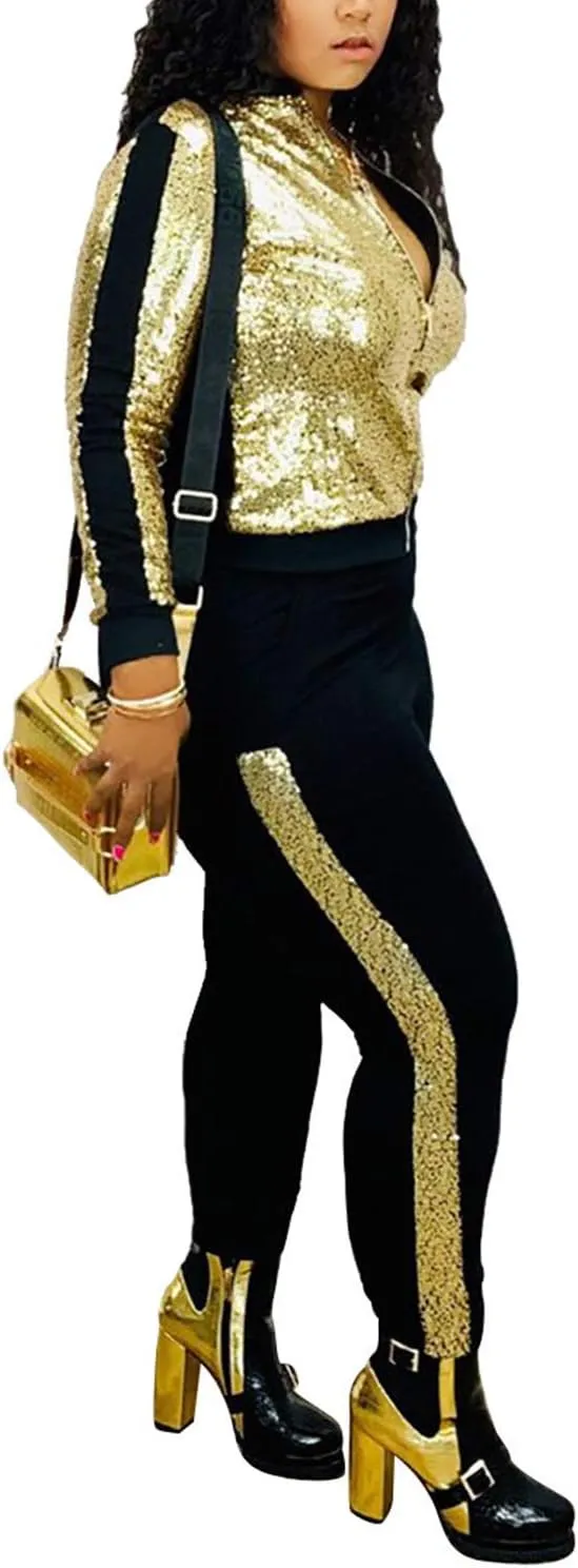 SIAEAMRG Women 2 Piece Glitter Sequin Outfits Tracksuit, Jacket Tops Log Pants Sparkle Sweatsuit Club Wear