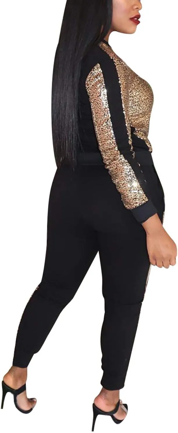 SIAEAMRG Women 2 Piece Glitter Sequin Outfits Tracksuit, Jacket Tops Log Pants Sparkle Sweatsuit Club Wear